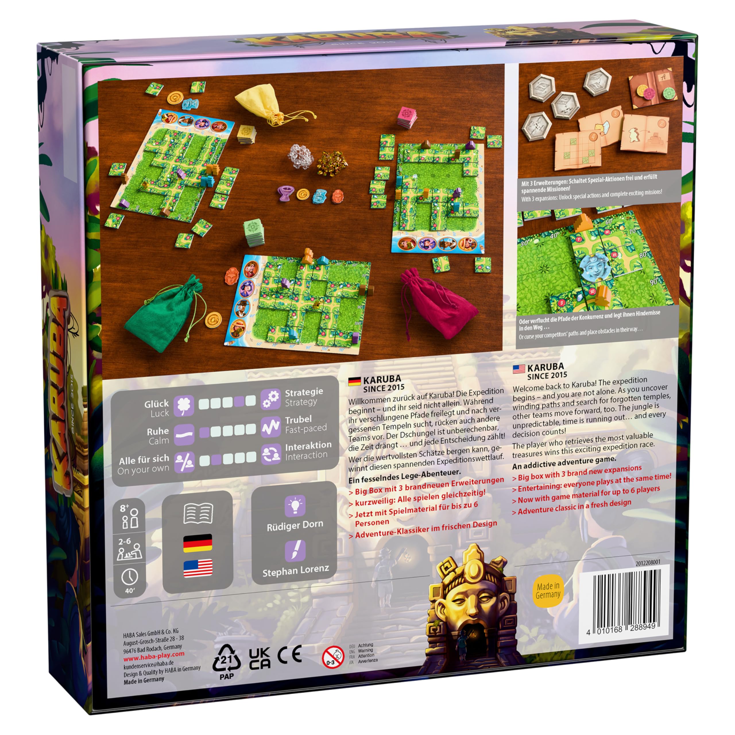 HABA Karuba – Abenteuer-Brettspiel für 2–4 Spieler ab 8 Jahren – Fesselndes Lege- und Strategiespiel im Dschungel mit Tempeln und Schätzen – 2012208001