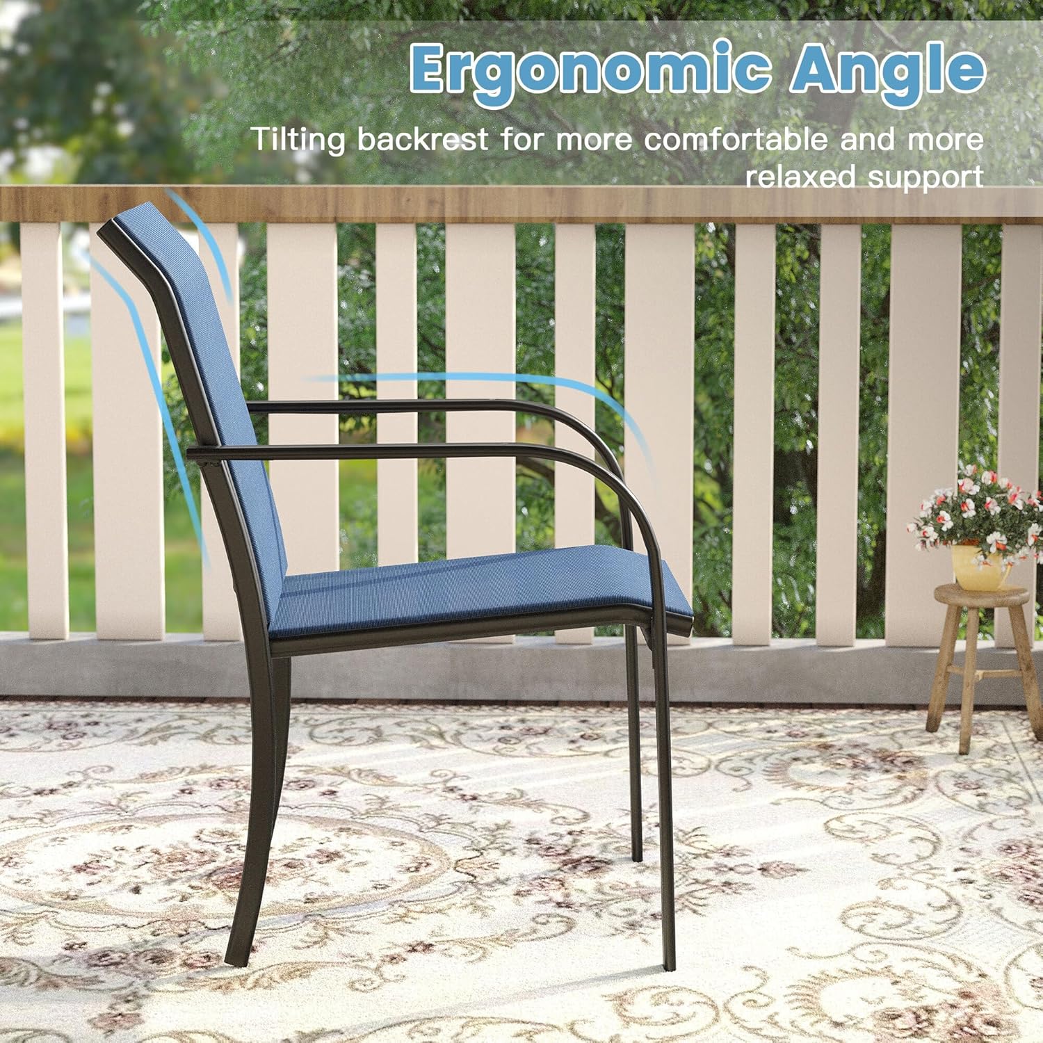 DIFY 5 Pieces Outdoor Patio Dining Set for 4, 40.2" Black Square Metal Dining Table and 4 Blue Stackable Textilene Patio Chairs, Outdoor Table and Chairs for Backyard Garden Poolside