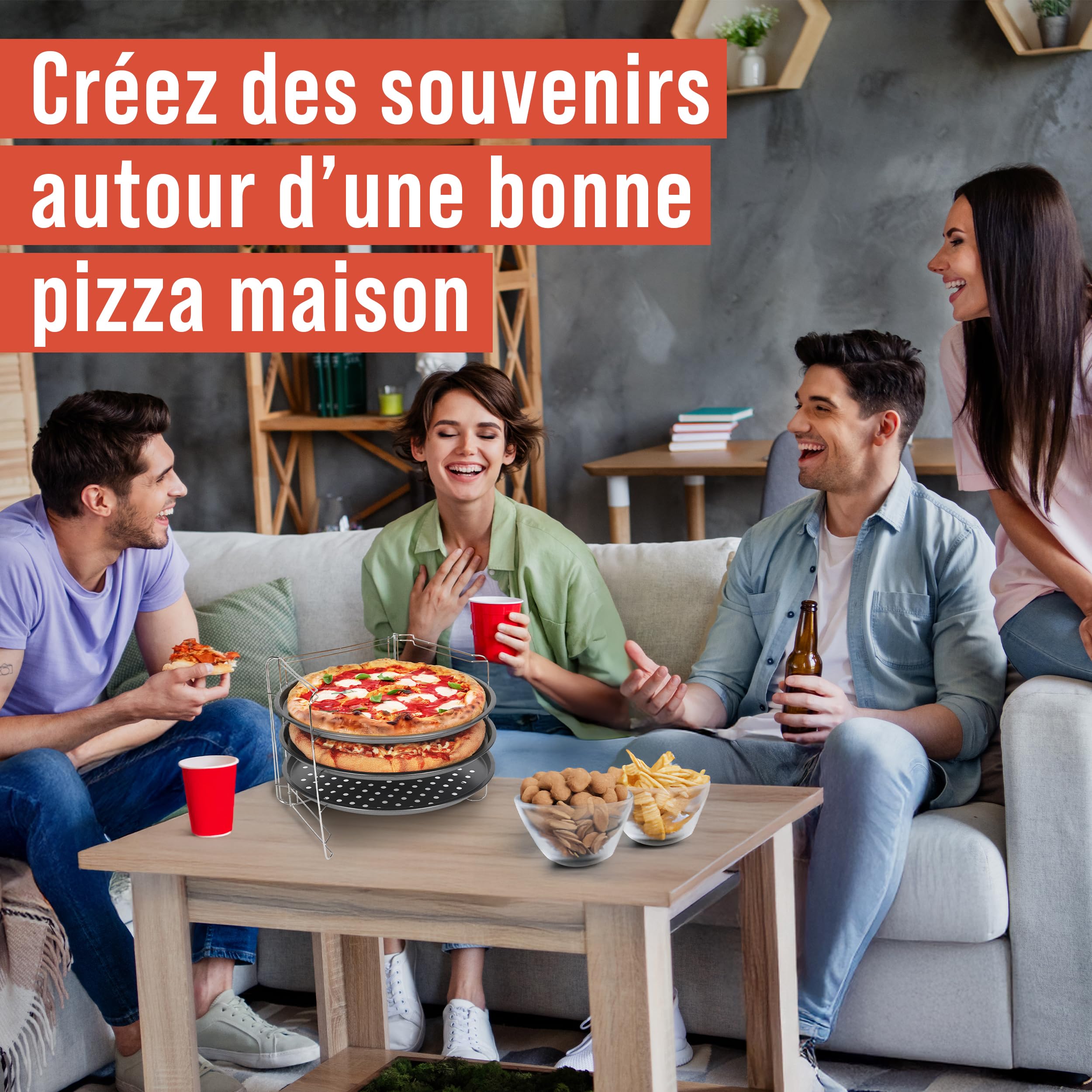 Chef Pomodoro Plaques à Pizza Antiadhésifs - Ensemble De Cuisson à Pizza Avec 3 Poêlles à Pizza Et 1 Grille de Support Pizza Four - Assiette Pizza Inox Pour Four, Grill, Barbecue (33 cm)