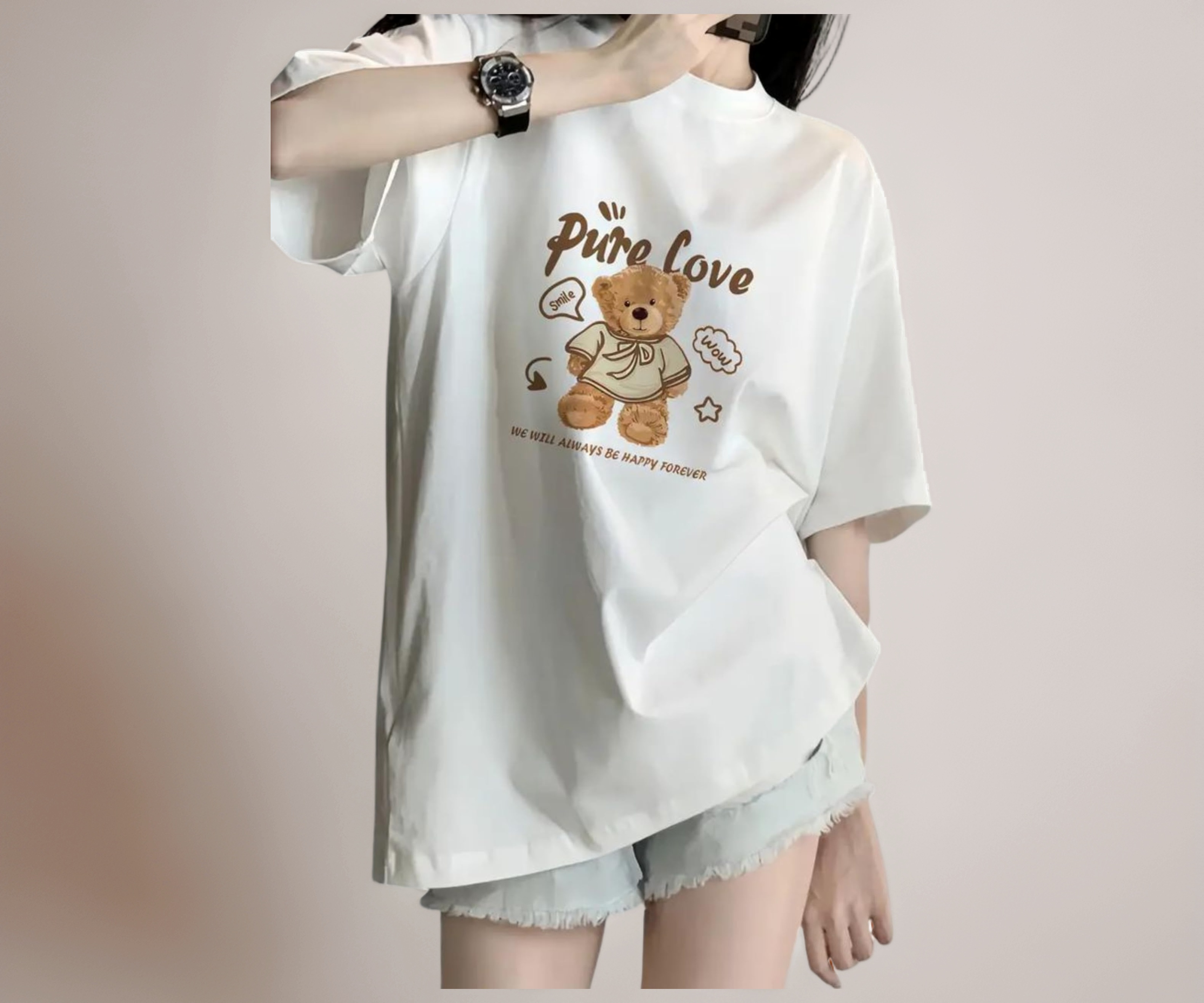 STAYC Teddy Bear Tシャツ アイボリー Buy Women's White Graphic T-Shirt, Pure Love Teddy Bear Print