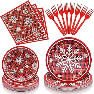 96 Pieces Christmas Snowflake Plaid Tableware Set – Red Buffalo Check Disposable Plates, Napkins, and Forks for Holiday Dinners, Winter Parties, Festive Celebrations – Serves 24 Guests