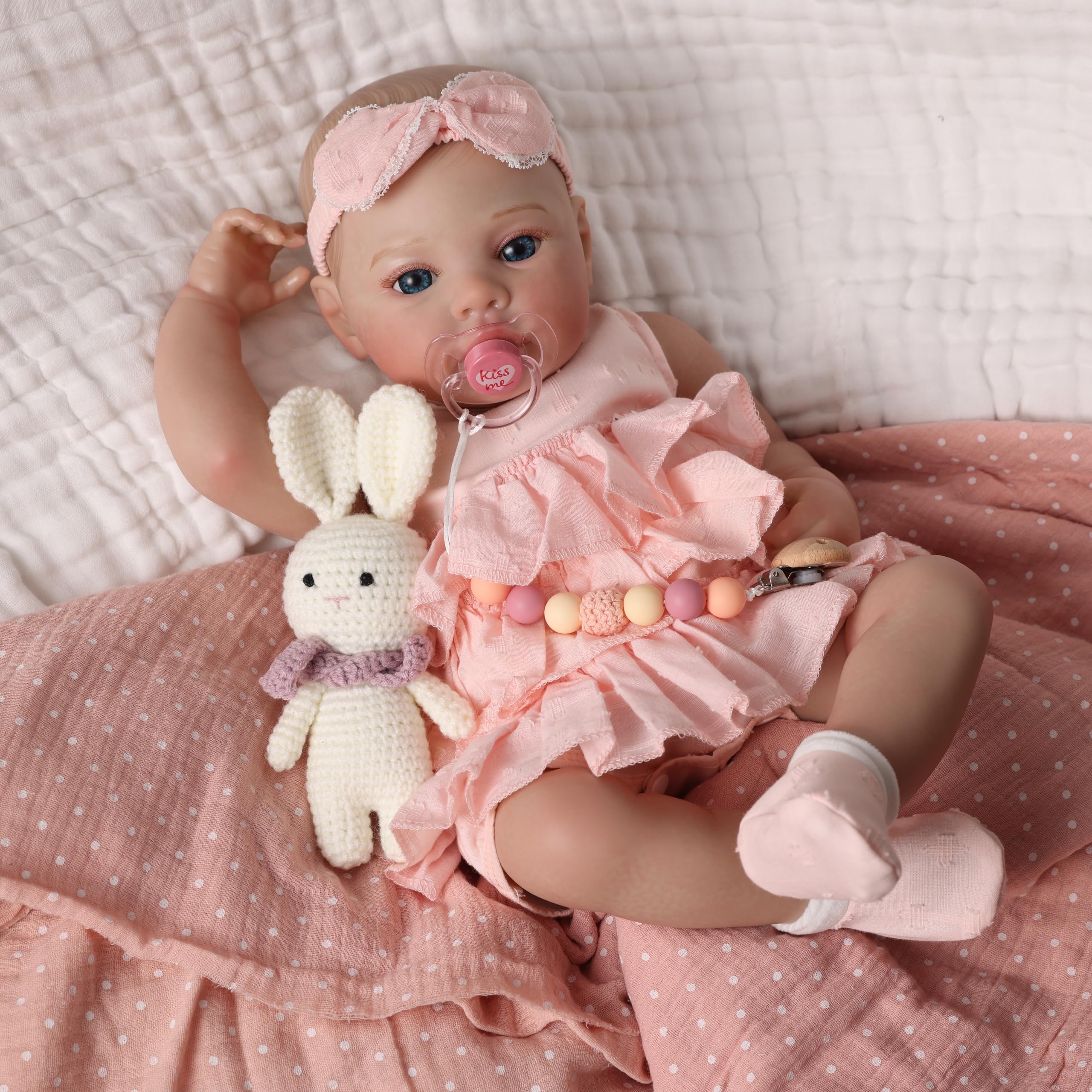 MYREBABY 17" Realistic and Cute Reborn Baby Girl Opened Her Eyes with Bright Eyes Brown Hair Named Claire, Handmade Lifelike Reborn Doll, Advanced Painted Vinyl Gift Set for Kids Age 3+
