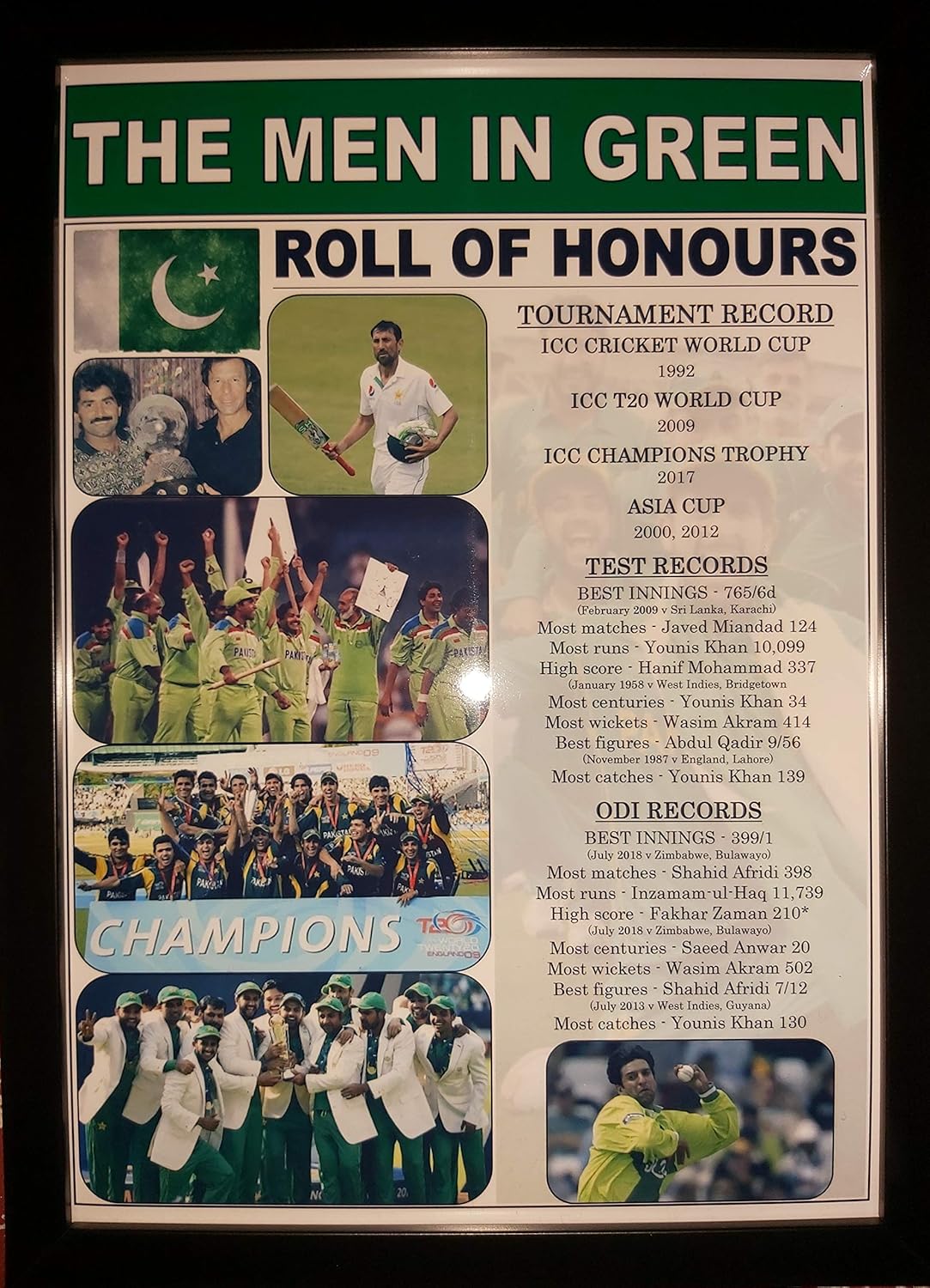 Pakistan Cricket roll of honours - Imran Javed Wasim Younis - Framed Print