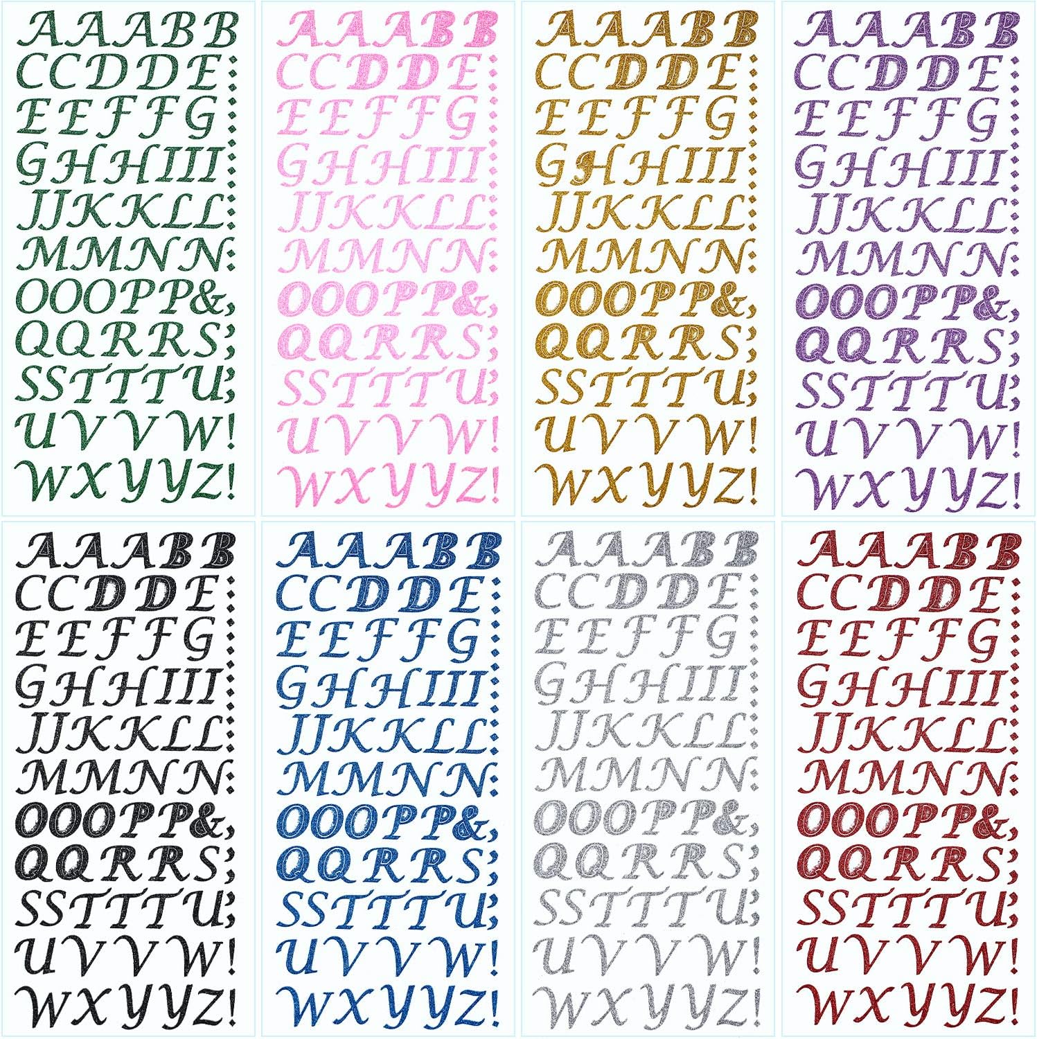 8 Sheets Colors Glitter Alphabet Letter Stickers Glitter Self Adhesive Alphabet Stickers for Grad Cap Decoration and DIY Crafts Art Making, 8 Colors