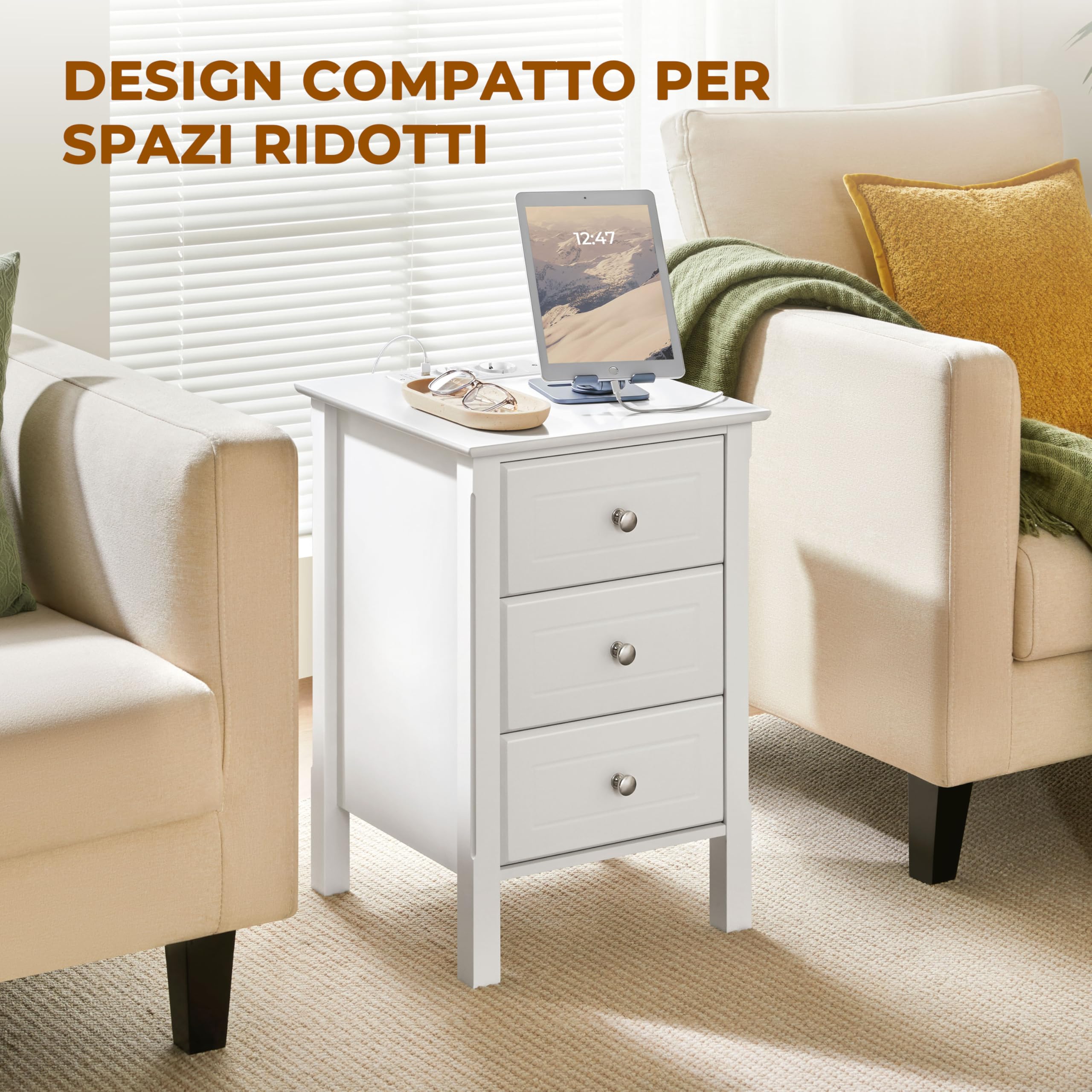 Yaheetech Comodino Camera da Letto con Stazione di Ricarica 2 Porte USB e 2 Prese AC Comodino Smart con 3 Cassetti Salvaspazio Tavolino da Notte Soggiorno (1)