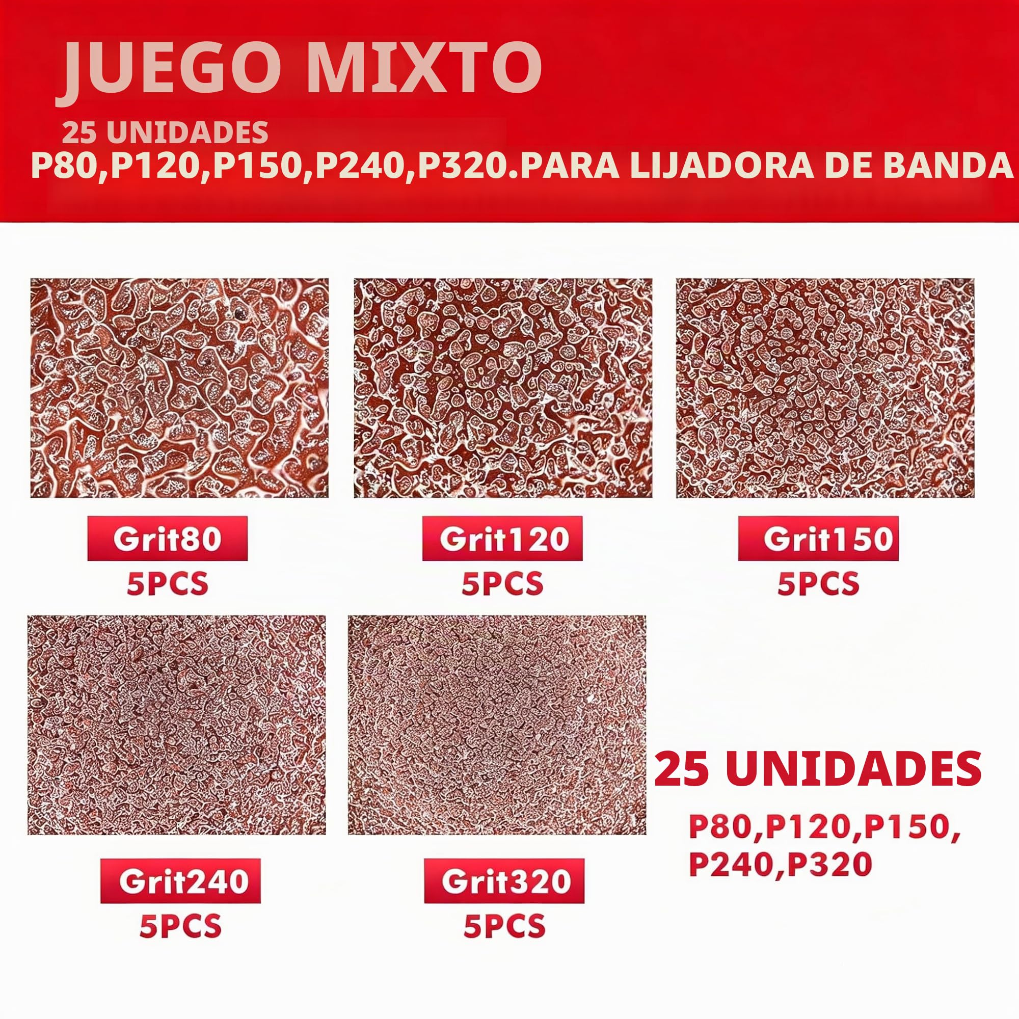 Bandas de Lija 75x533 mm - Juego de 25 Unidades (5 Granos: P80/P120/P150/P240/P320) para Lijadoras de Banda - Madera, Metal, Plástico