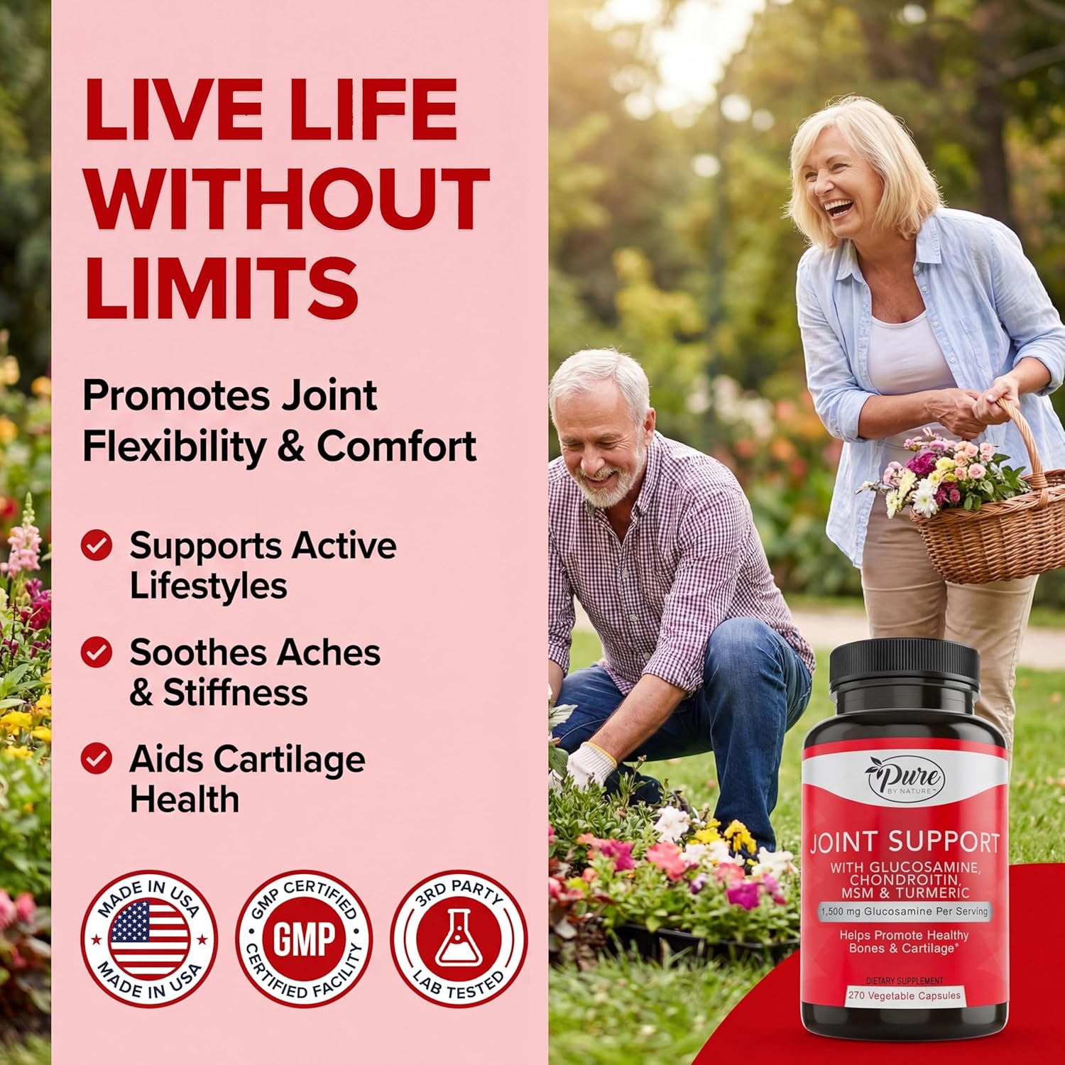 Pure By Nature Joint Support, Glucosamine with Chondroitin Turmeric MSM Boswellia Supplement, 270 Capsules