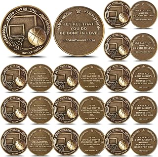 Landical 24 Pcs Bulk Christian Sports Coin Gift for Athletes 1.25" Religious Bible Verse Sports Coin Antique Gold Plated Jesus Loves You Gift for Team Players(Basketball)