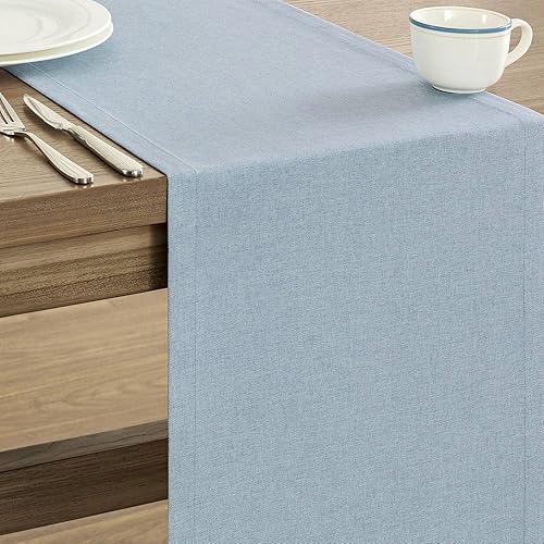 Miniatura 4 de ZeeMart Camino de mesa básico de lino, 14 x 36 pulgadas Azul Cambay, caminos de mesa rústicos de estilo granja color azul claro polvoriento de 36