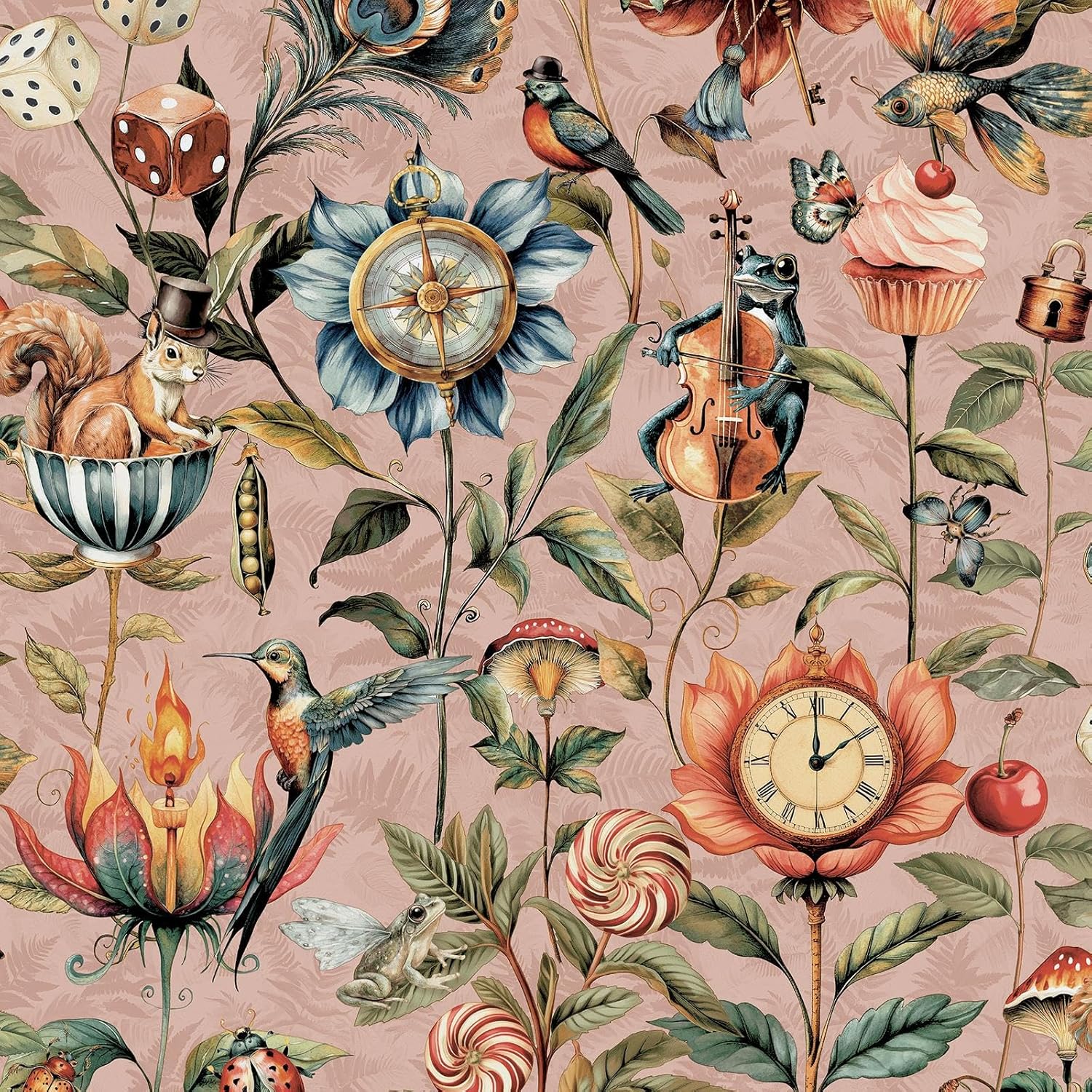 World of Wallpaper Curious Creatures Quirky Animal Themed Wallpaper with Lush Drawn Plants for Feature Walls, Bedrooms, Living Rooms, Cloakrooms in Blush Pink 50471
