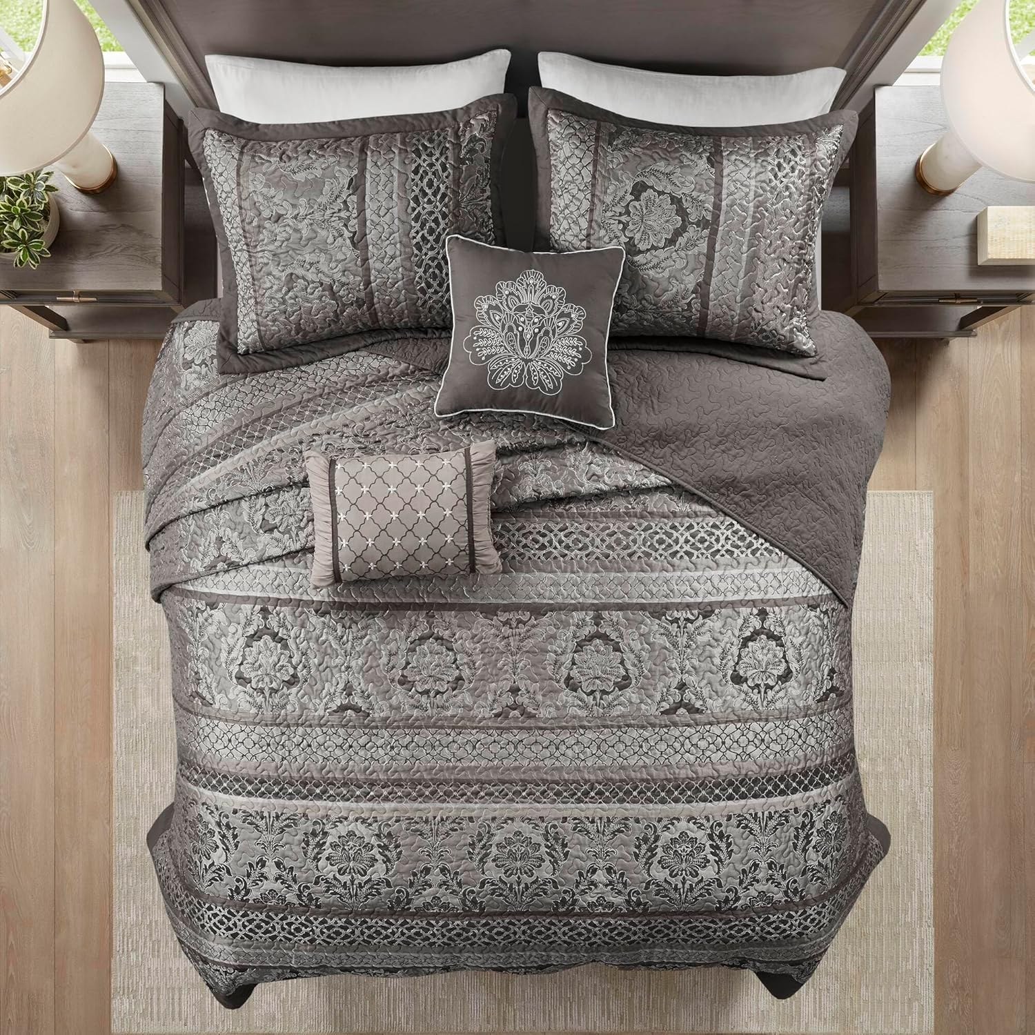 5-Piece Queen 5 Piece Reversible Jacquard Bedspread Set,Grey