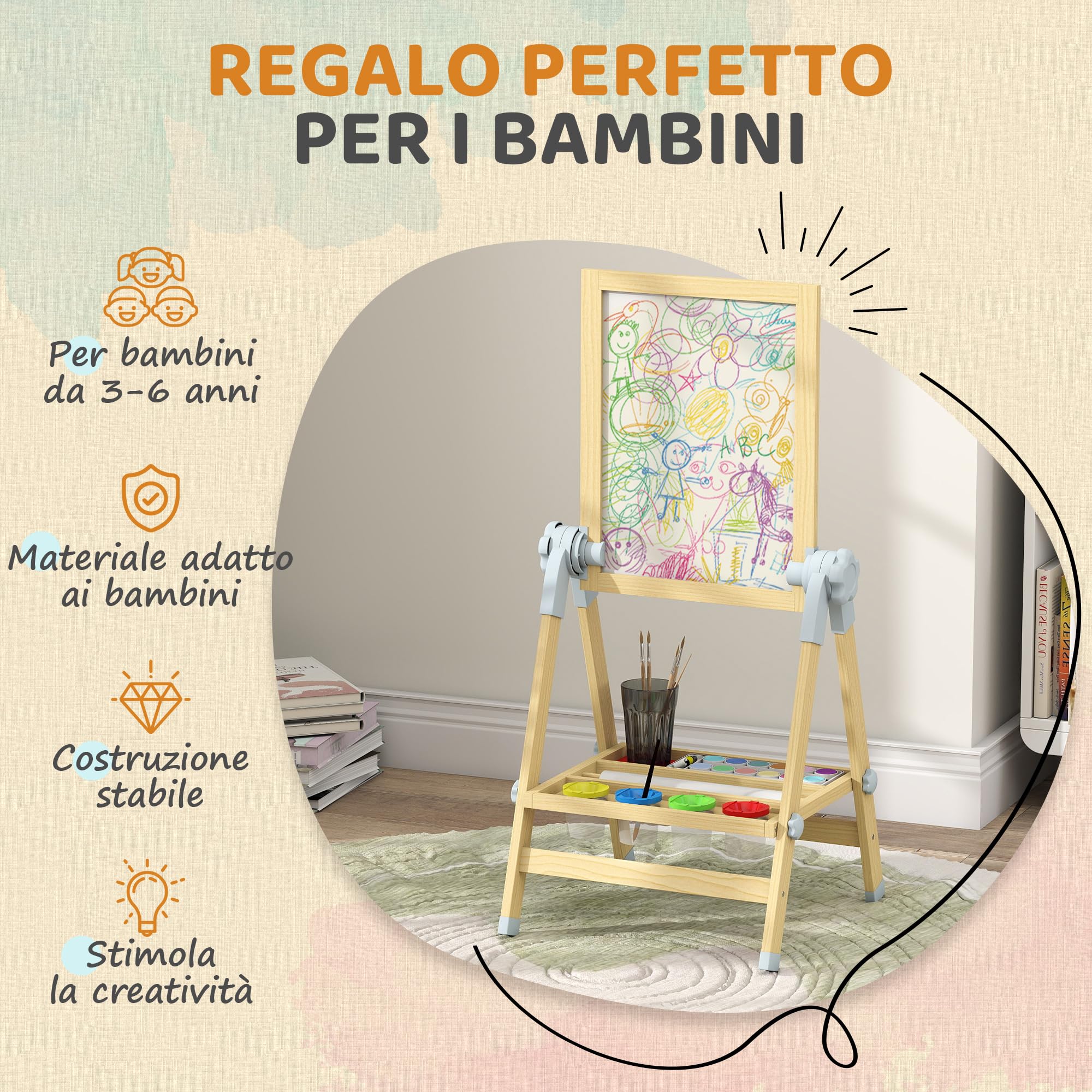 AIYAPLAY Cavalletto da Disegno per Bambini con Lavagna Doppia per Gesso e Pennarelli, Lavagnetta Magnetica, Vassoio Portamatite, Rotolo Carta Incluso, Legno Naturale