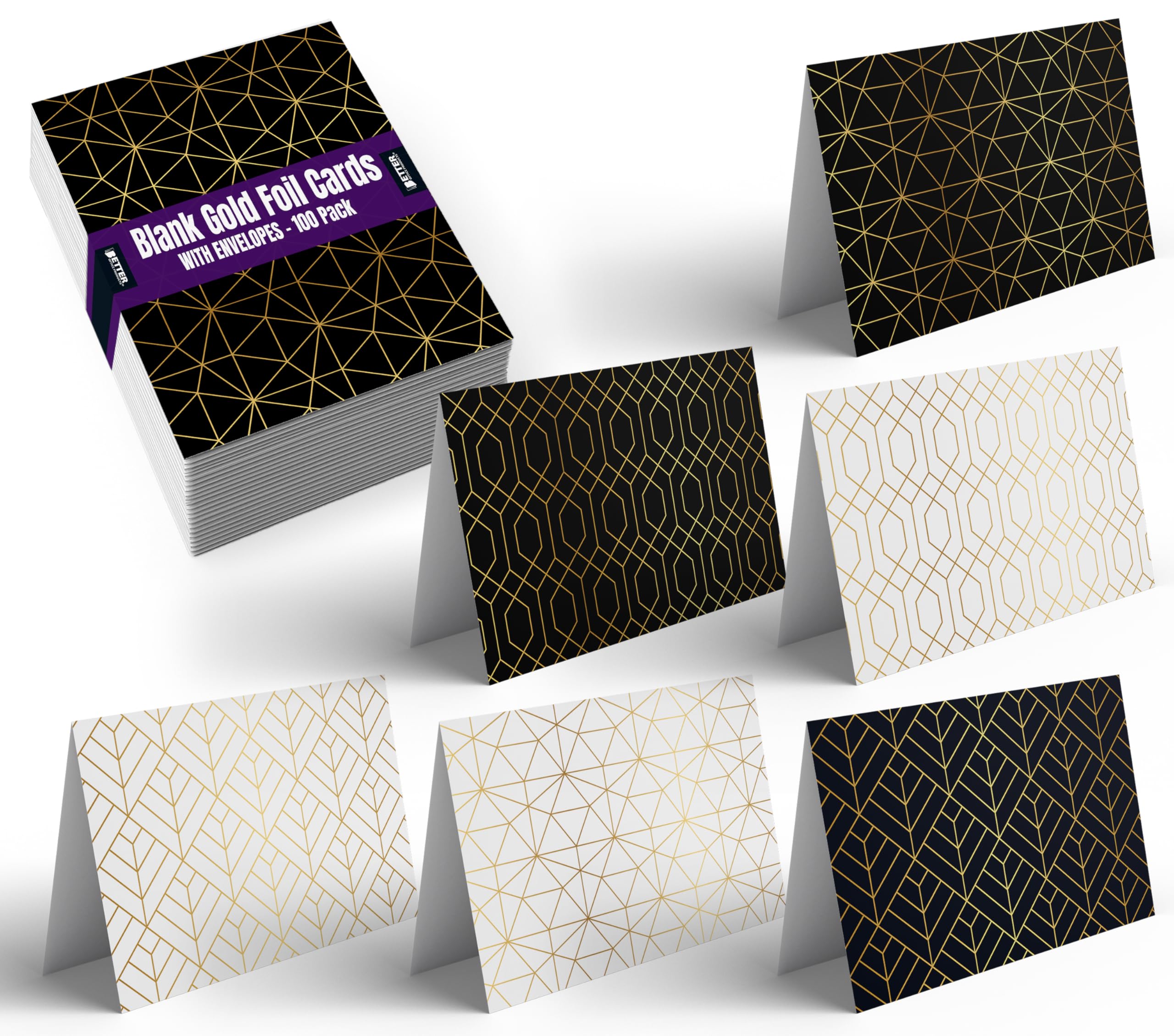 Better Office Products 100-Pack All Occasion Greeting Cards, Assorted Blank Note Cards, 4 x 6 inch, 6 Elegant Gold Foil Geometric Designs, Blank Inside, with Envelopes, 100 Pack