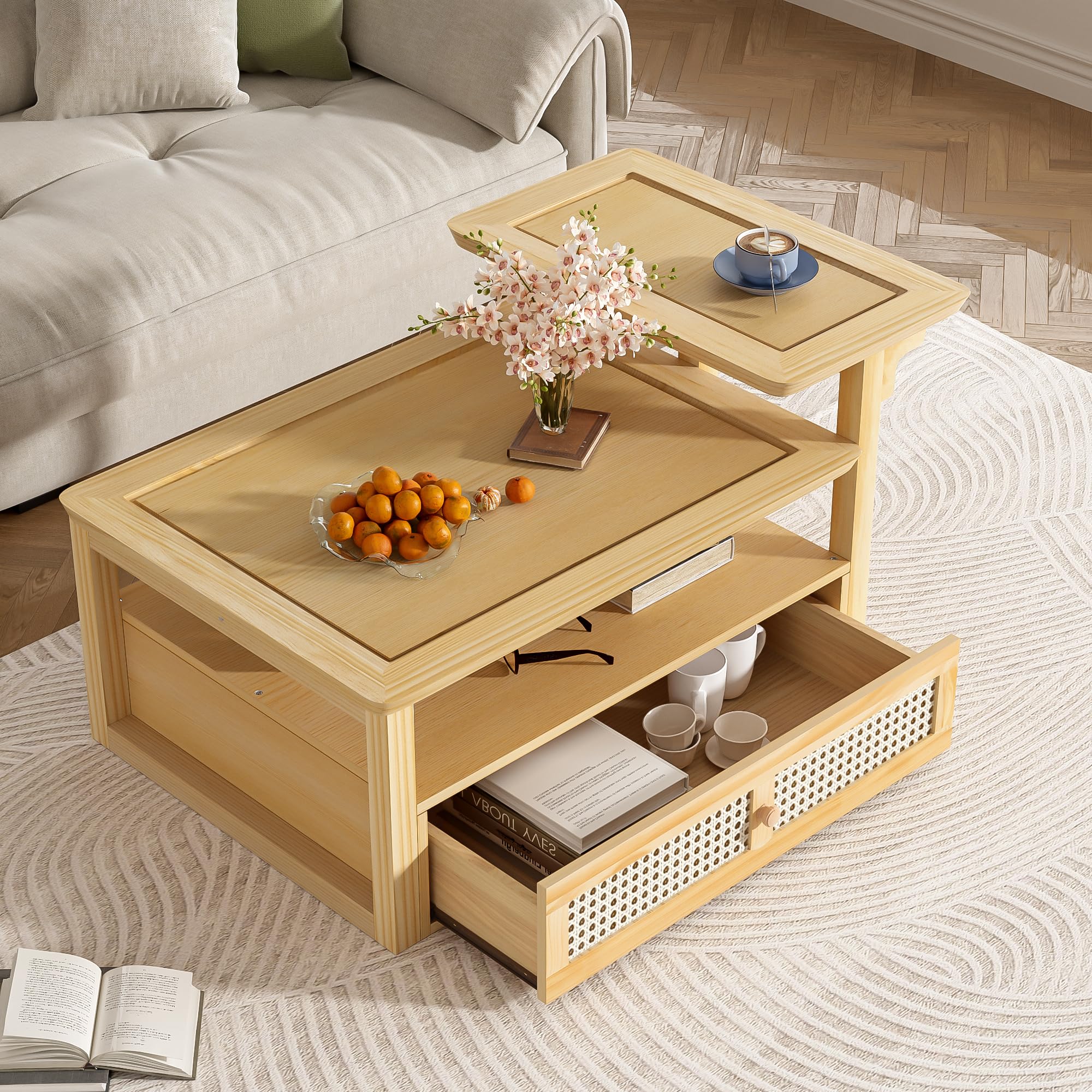Amazon.com: Modern Coffee Table with Storage Shelf & Rattan Drawer