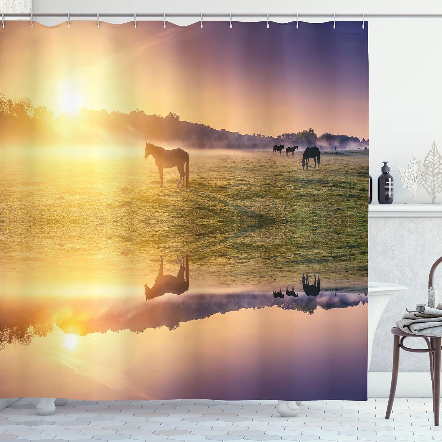 Ambesonne Nature Shower Curtain, Horse Valley in South a Lake Reflection and Sun Rising Above Mountains Print, Cloth Fabric Bathroom Decor Set with Hooks, 69" W x 70" L, Multicolor Indigo