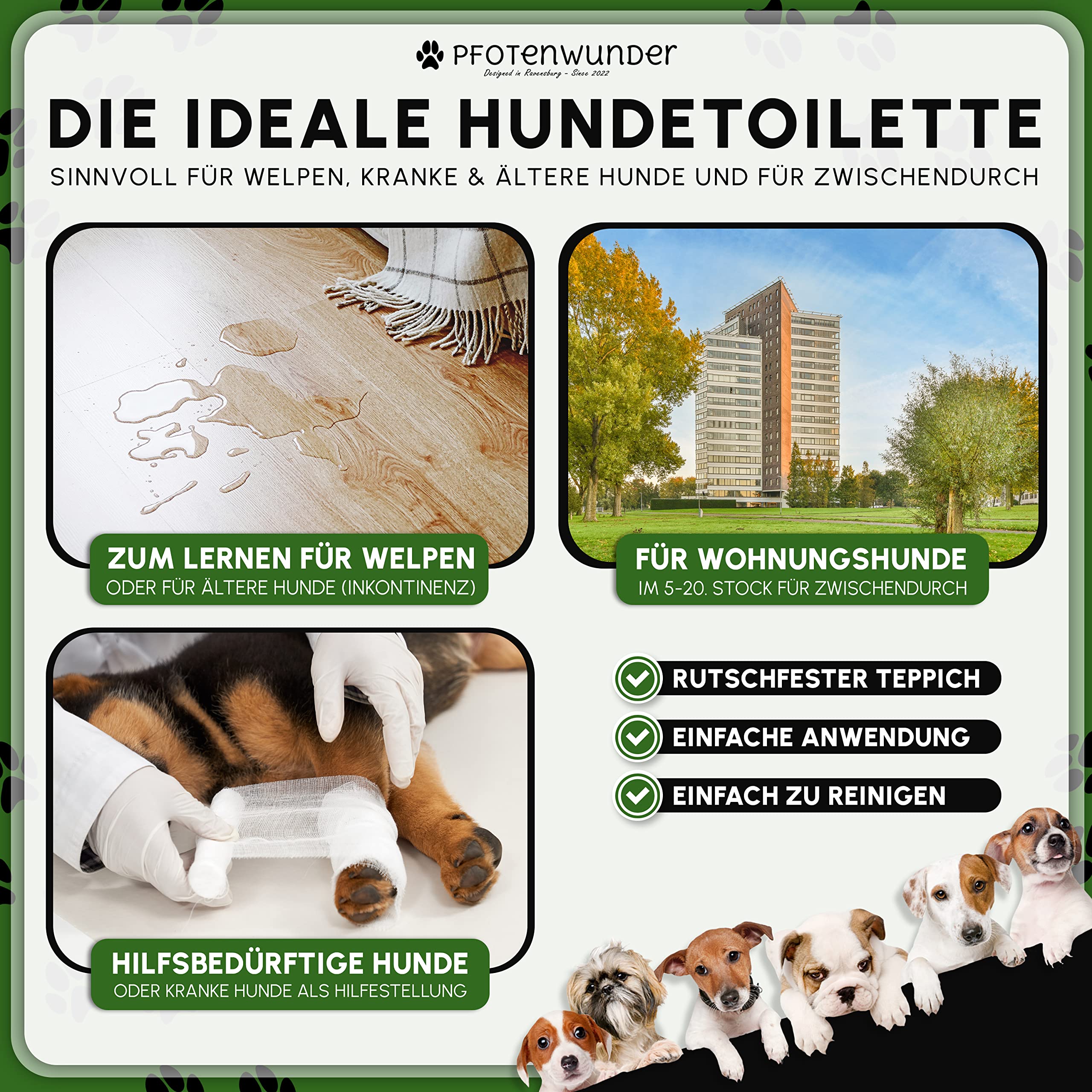 PFOTENWUNDER® Hundeklo + 2X-Easy-WASH-Rasen + 1x Büchlein, Hunde-Toilette für kleine & große Hunde, Festes Gras & Anti-Rutsch, Welpen-Klo drinnen zuhause Gras Hundetoiletten Balkon Indoor WC
