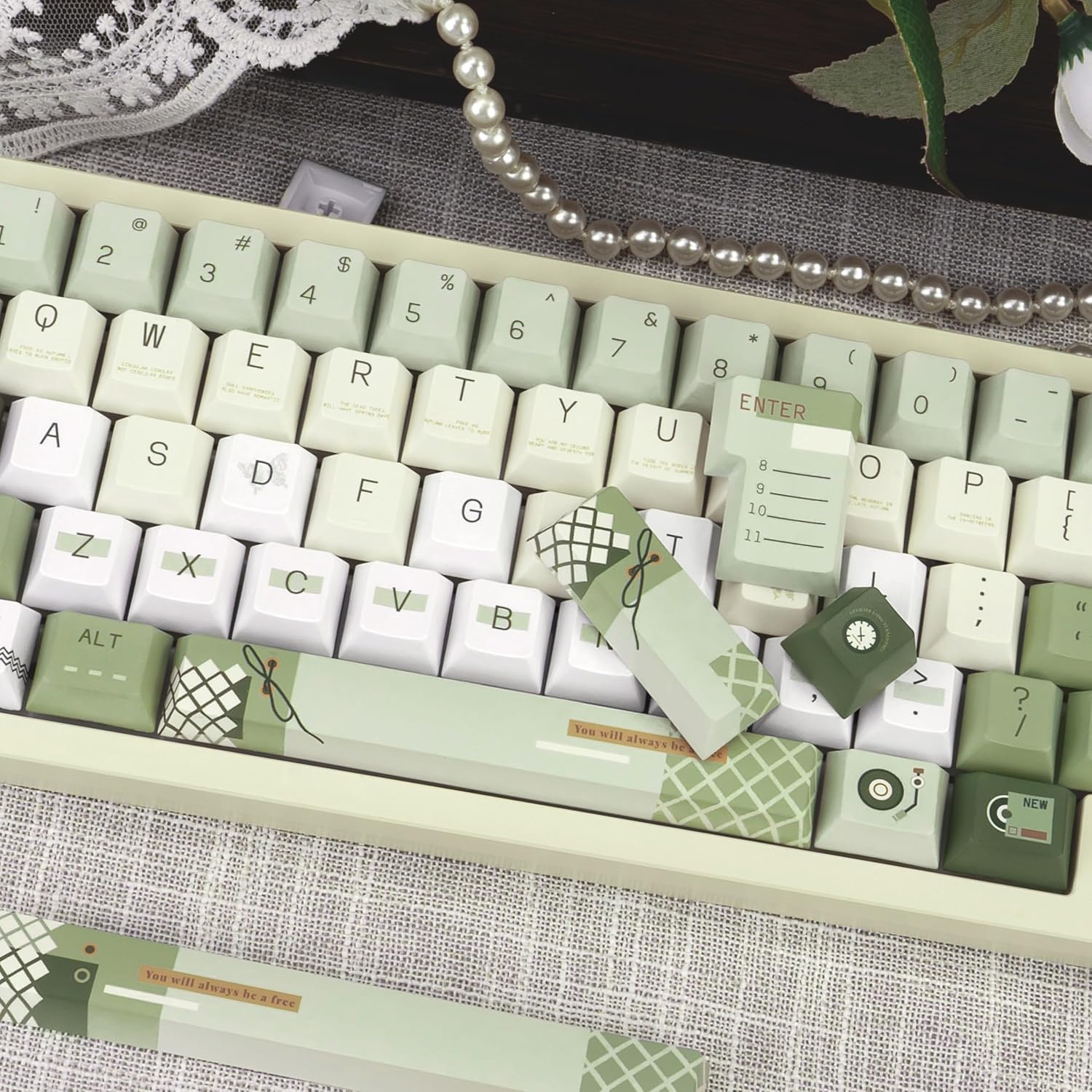 Sage Green and White Cherry Profile PBT Keycaps Set - Dye Sublimation Custom Key Caps for Mechanical Gaming Keyboard, 145 Keys