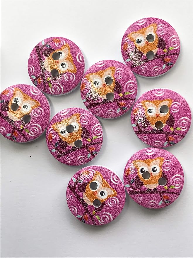 The Bead and Button Box. 10 Orange owls on a bright pink background