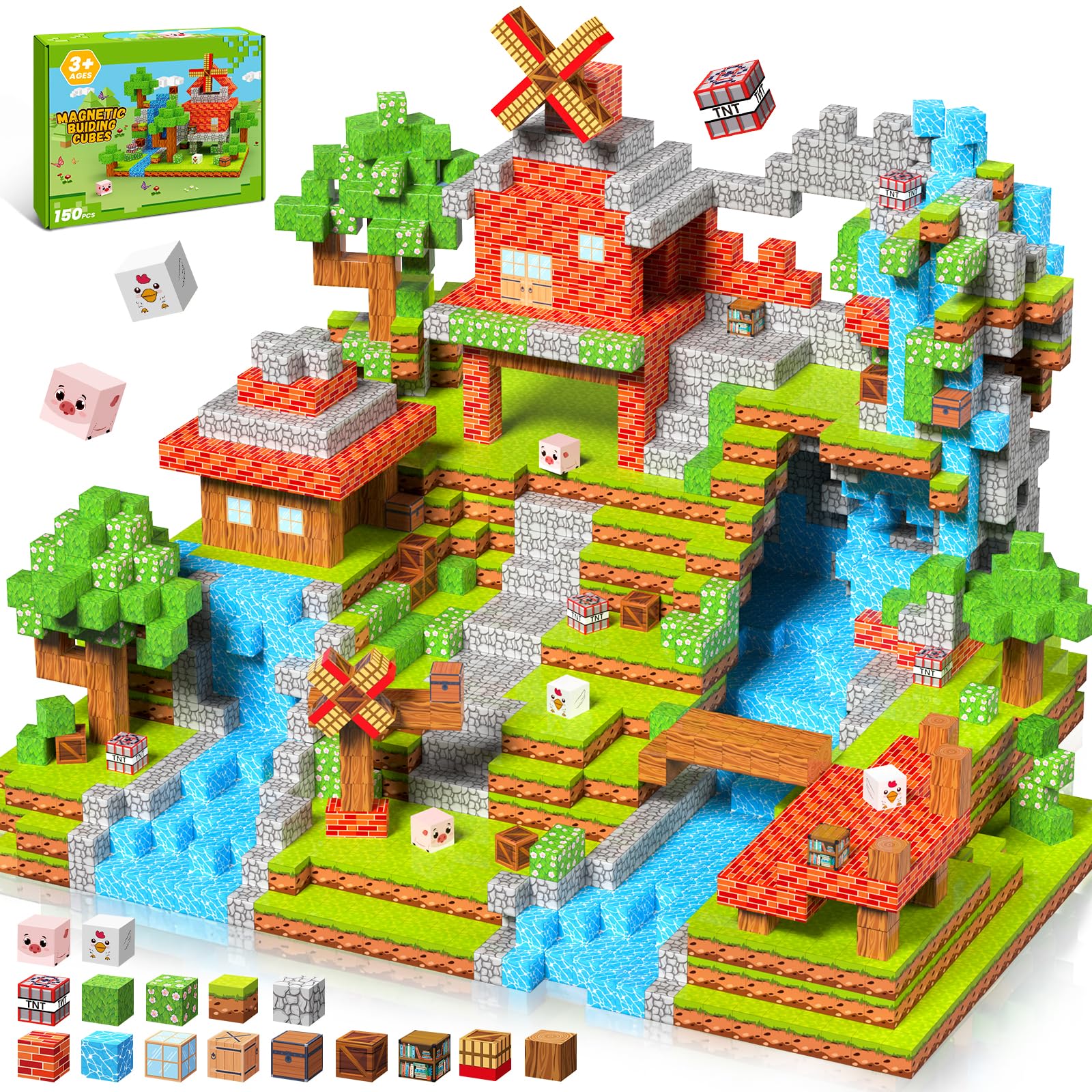 Charmofun Costruzioni Magnetiche per Bambini 150 Pezzi 2CM, Cubi Magnetici per Bambini con Fattoria e Mulino a Vento, Blocchi Magnetici Building Blocks Regali per Ragazzi e Ragazze dai 3 ai 9 Anni