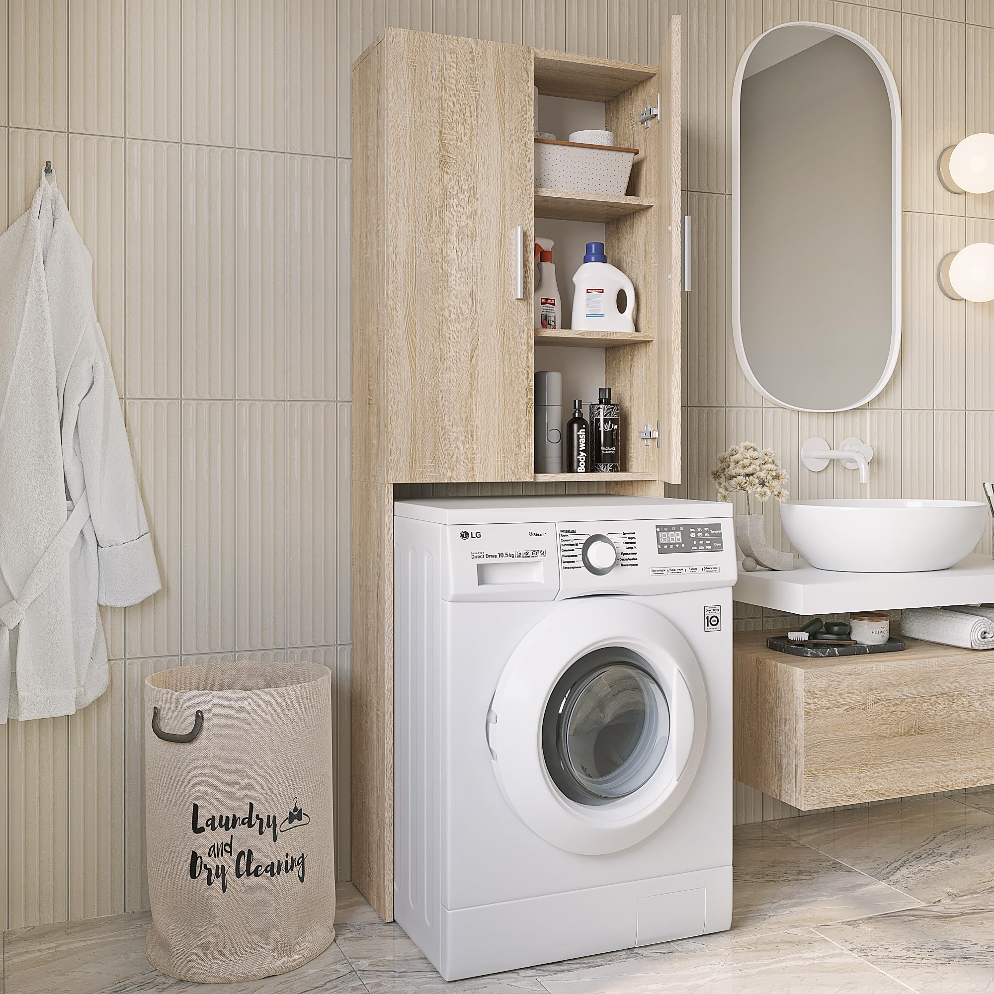 Komto Mozi – Meuble Blanc Pour Machine à Laver Et Sèche-Linge – Rangement Malin 66 X 62 X 97 Cm Pour Buanderie Ou Salle De Bain