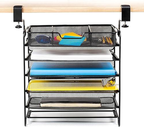 Organizador de archivos de 5 niveles debajo del escritorio, organizador de archivos colgante con abrazadera, diseño de ahorro de espacio para