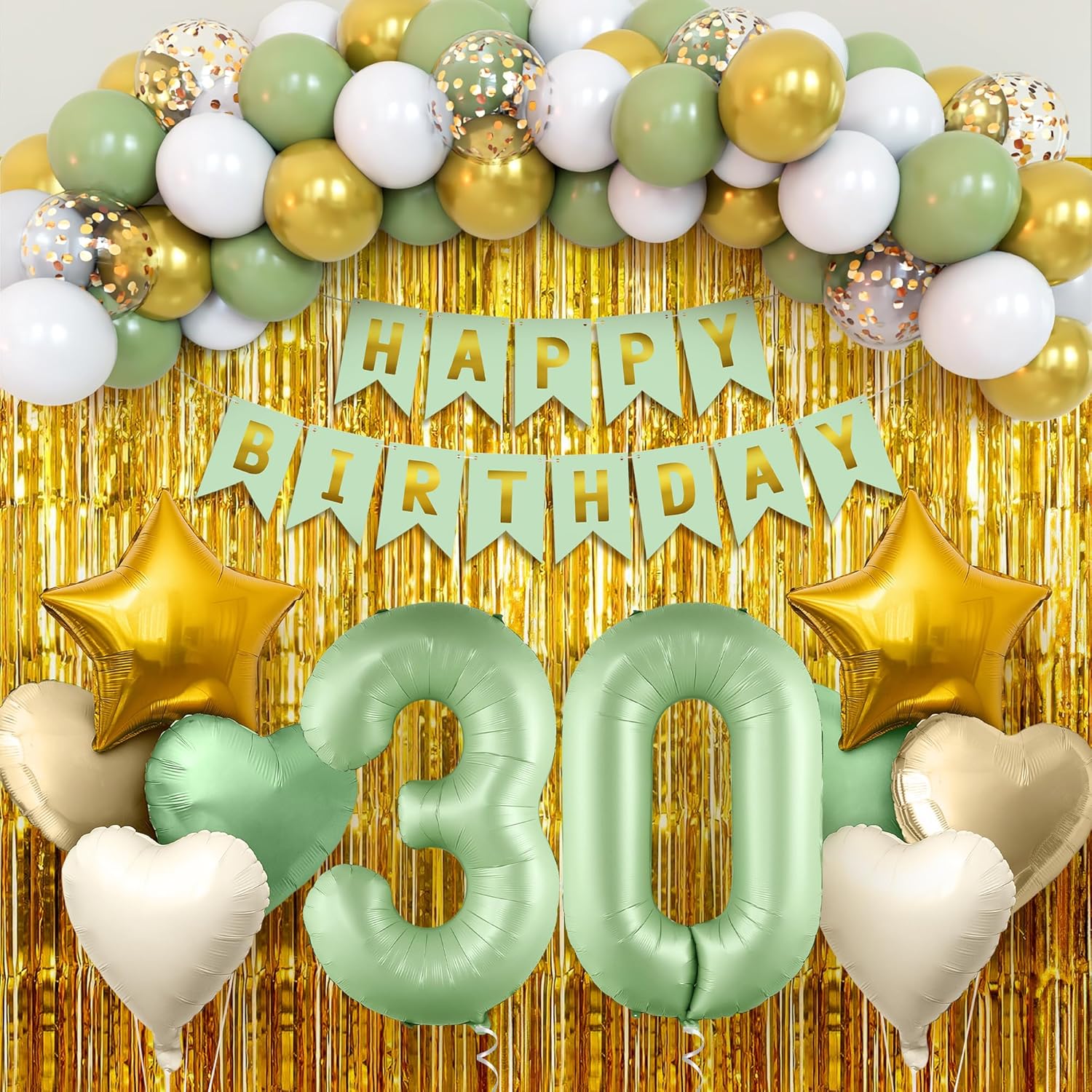 KatchOn | Sage Green 30th Birthday Decorations Set – Pack of 49 | Sage Green 30 Balloon Numbers, Star, Heart, Confetti Balloons, Gold Fringe Backdrop | 30th Birthday Decorations for Women, Men