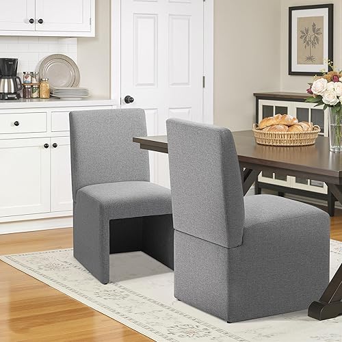 Miniatura 18 de Juego de 8 sillas de comedor tapizadas modernas para cocina y comedor, sillas de comedor de tela de lino con marco de madera, color gris
