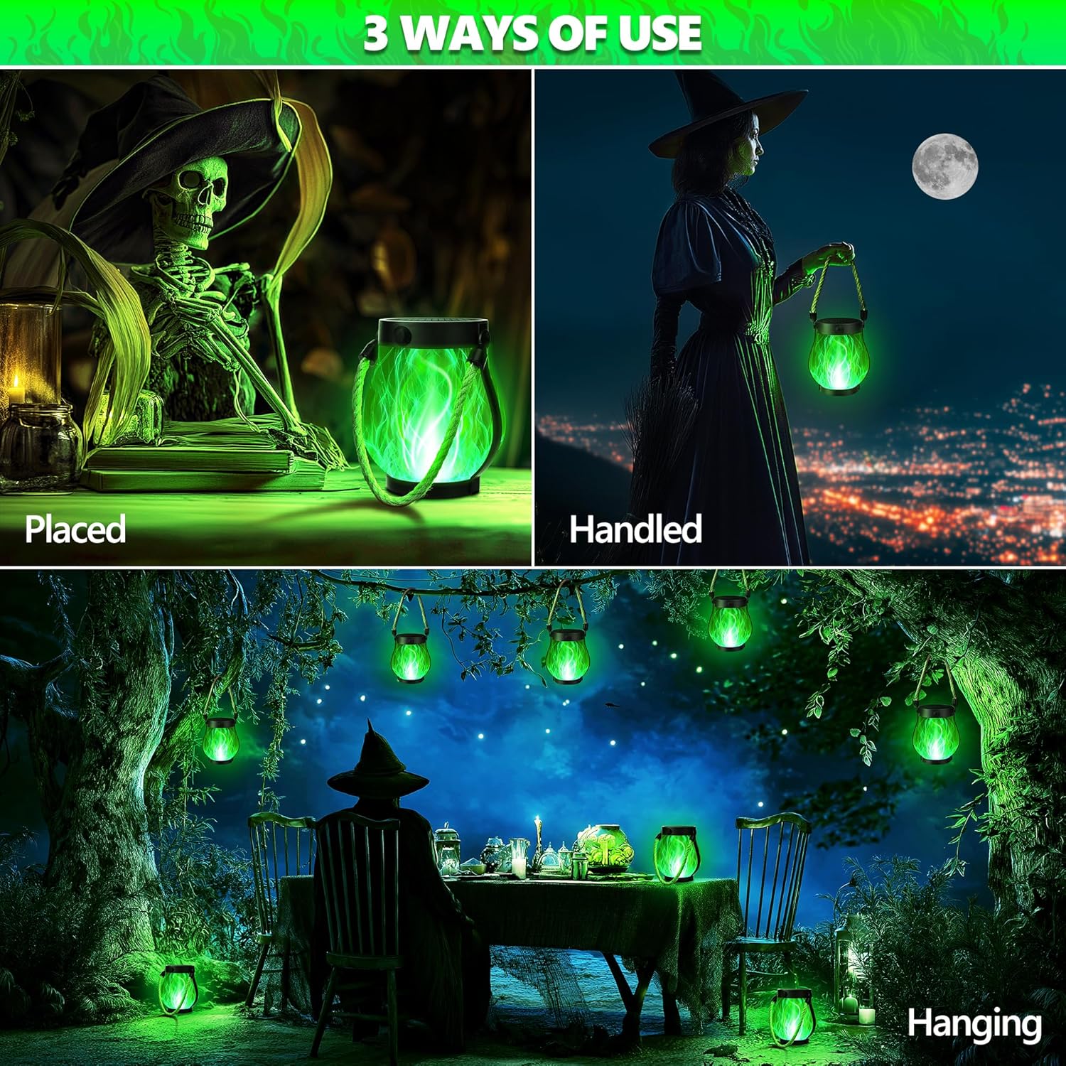Jyoiat Solar Flame Lantern Hanging Outdoor Waterproof - 2 Pack Flame Lanterns with Dual Charging Modes of Solar & USB for Garden or Yard Decorations (Green - 2 Pack)