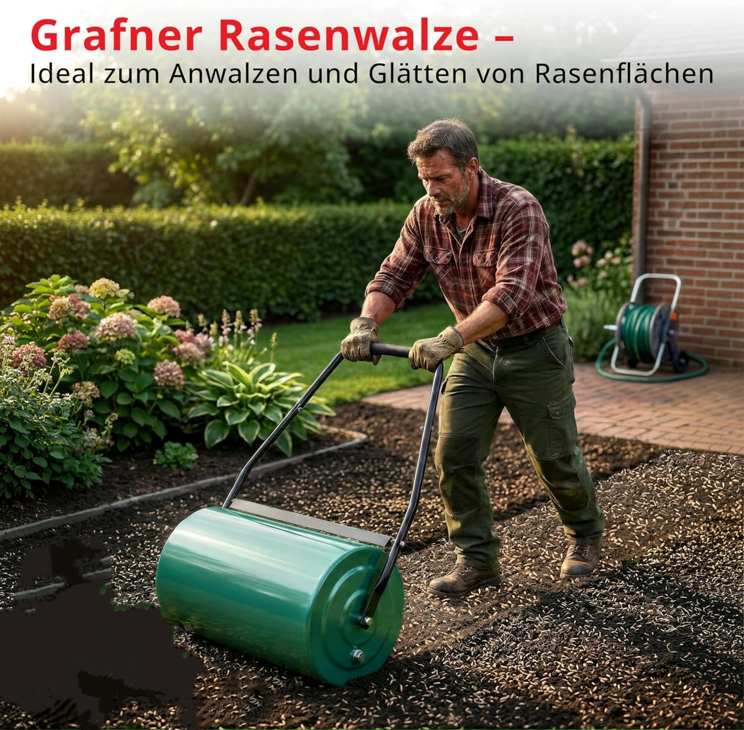 Rasenwalze Hand Walze für Rasenpflege, Ergonomischer Führungsholm, mit Wasser oder Sand Befüllbar, Rasenroller für Kleine bis Mittlere Rasenflächen, Gartenwalze für Gleichmäßige Rasenverdichtung