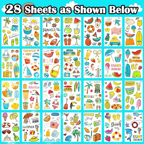 Miniatura 2 de Partywind 28 hojas de tatuajes temporales hawaianos con purpurina para suministros de fiesta de niños, decoración de fiesta de playa tropical Luau,