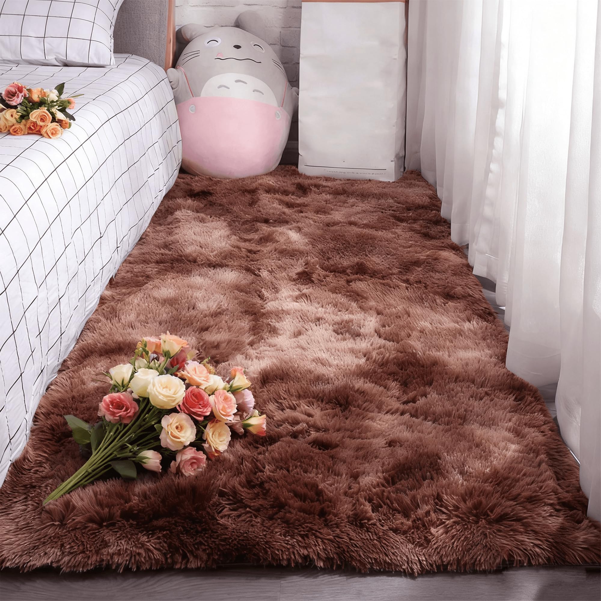 Tapis de chambre antidérapant marron 160 x 190 cm avec texture douce