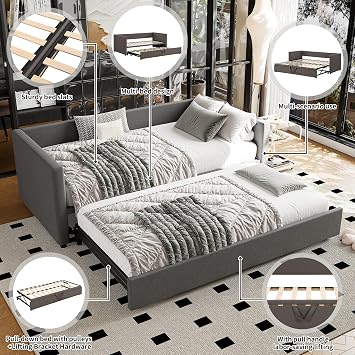 ModernLuxe 3FT Single Sofa Bed, Stylish Pull out Sofa Bed, Bottom with Bed, Upholstered Day Bed for Adults and Teenagers, Space Saving, Easy Assembly, Linen, Grey, 90x190cm