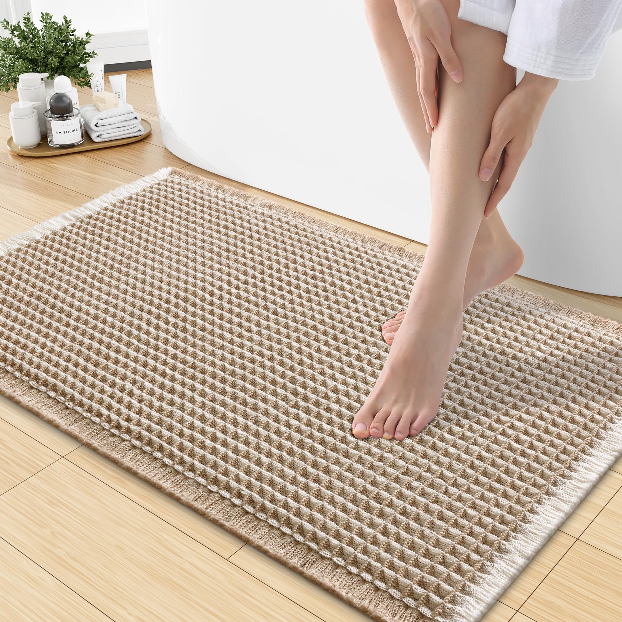 Smiry Waffle Bath Mat 30X18, Soft Absorbent Bathroom Rugs, Brown &amp; Cream