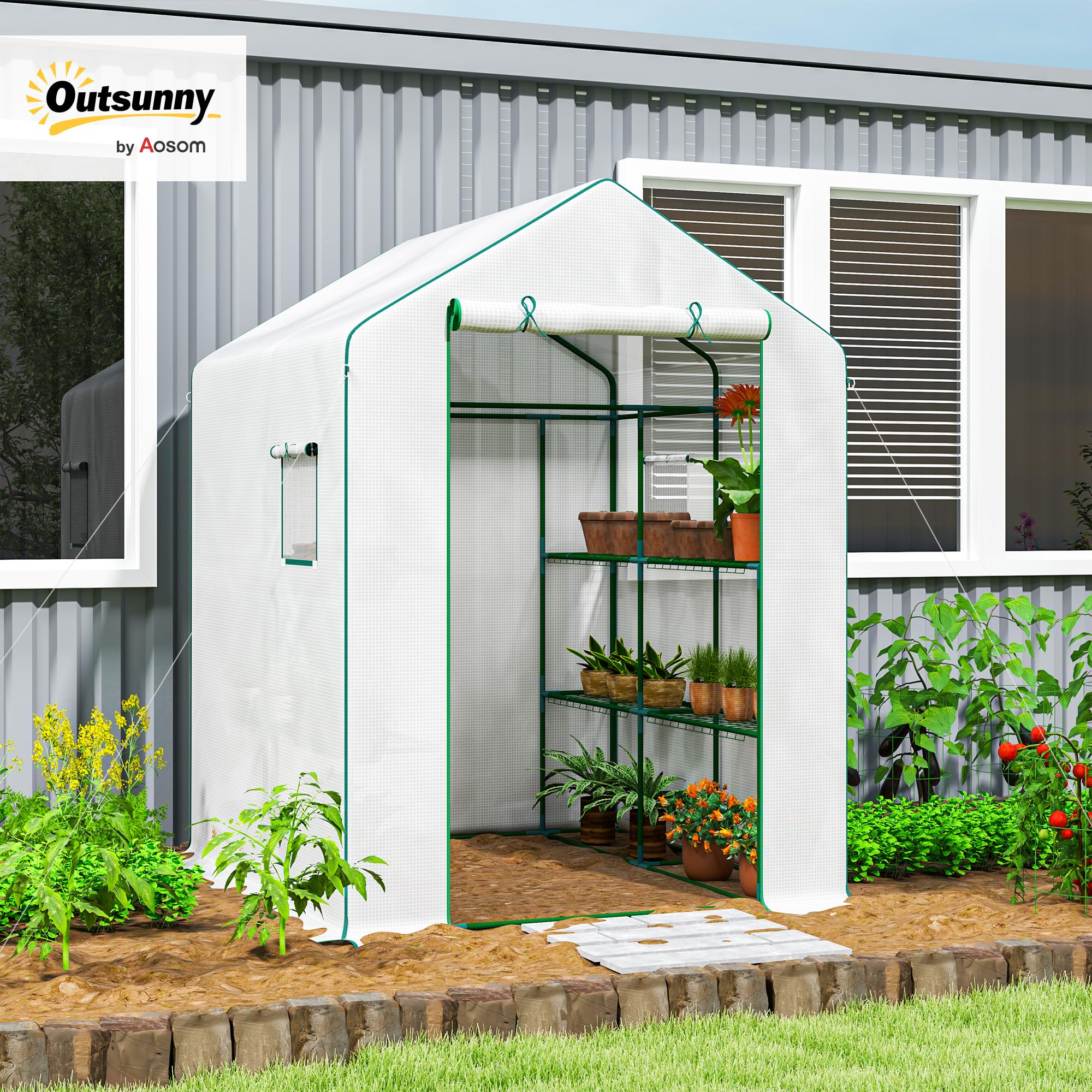 Outsunny Szklarnia ogrodowa Szklarnia na pomidory z 1 drzwiami, 2 oknami, 3-poziomowymi półkami na rośliny kwiaty plandeka PE 140 x 143 x 190 cm biała