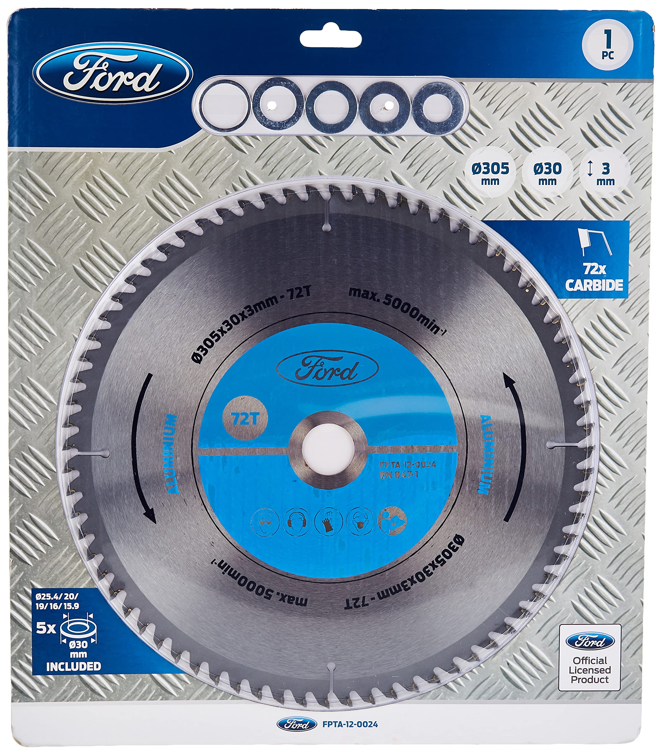 Ford Tools 72T Carbide-Tipped Circular Saw Blade For Aluminum Cutting, 305 X 30 X 3mm, Fpta-12-0024