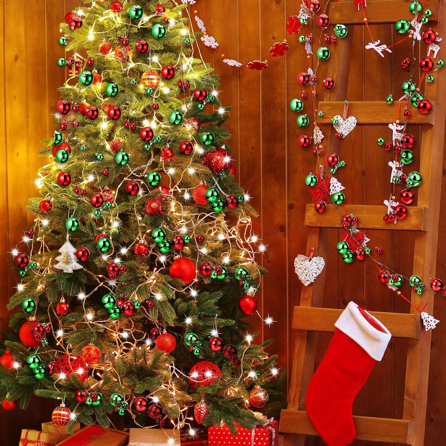 Syhood 9.8 Feet Christmas Bauble Garland Ball Ornament Ball Garland for Christmas Tree Xmas Party Supplies, Indoor Outdoor Holiday Wedding Decoration(Red, Green, Golden)