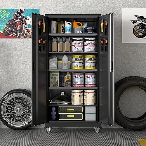 Miniatura 172 de Armario de almacenamiento de garaje con ruedas, gabinete de herramientas de metal de 35.43 pulgadas de alto con tablero de clavijas y 4 ganchos