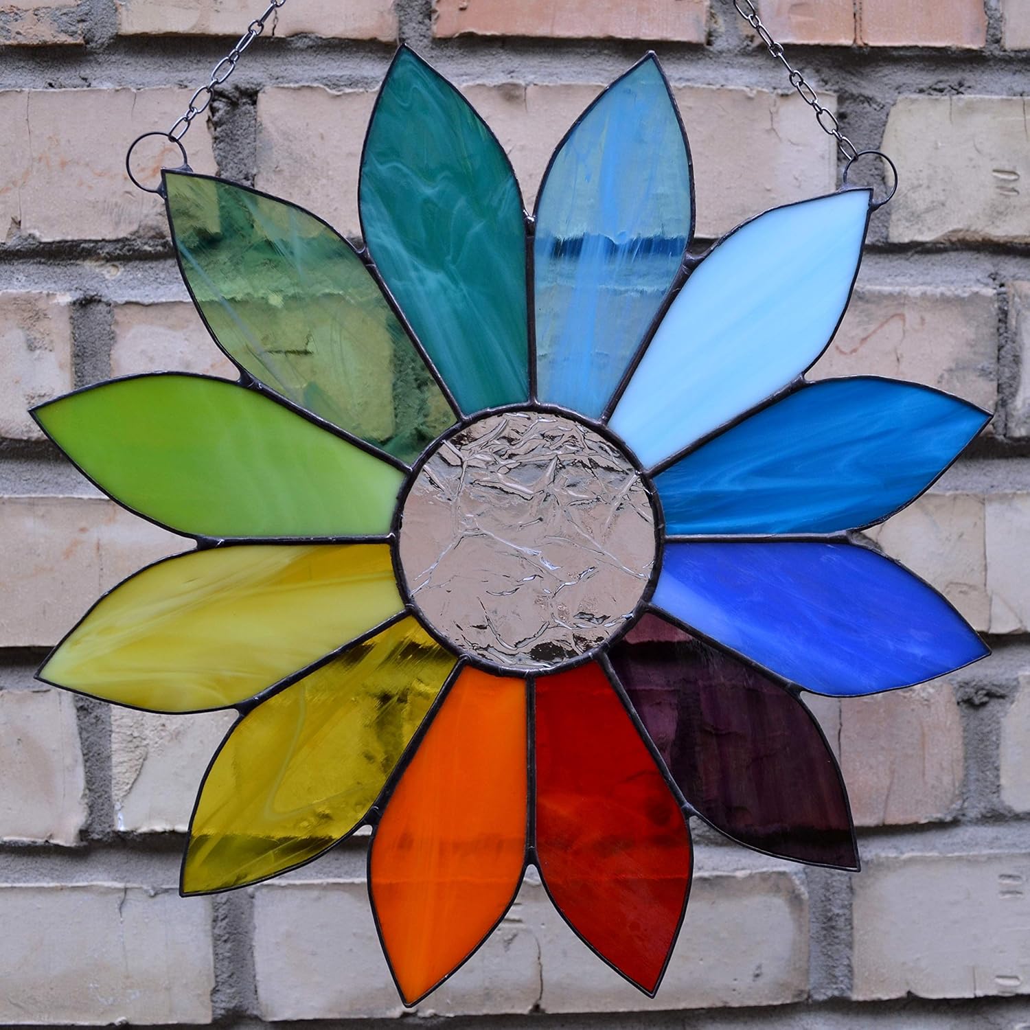 Large Rainbow Flower Stained Glass Suncatcher for Window Hanging or Wall Decor, Bohemian Decoration