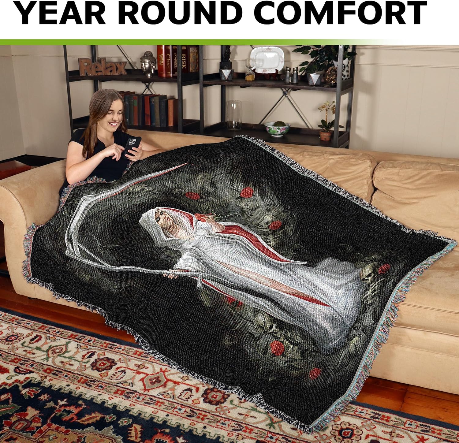 Pure Country Weavers Life Blood Grim Reaper Woven Blanket by Anne Stokes - Fantasy Gift Cotton Tapestry Throw - Made in The USA - 72" x 54"