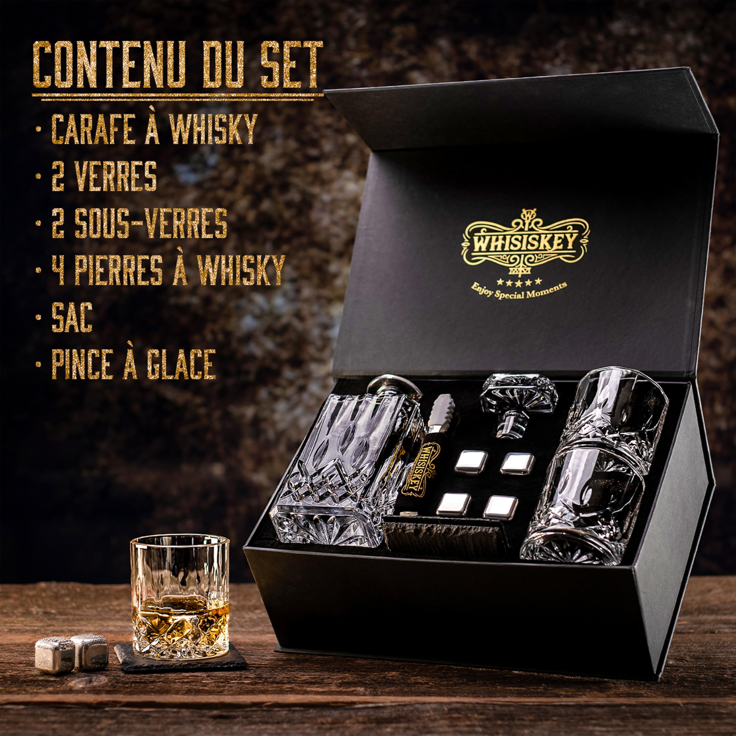 WHISISKEY Carafe Whisky - Carafe à Whisky - 700ML - Coffret Cadeau Homme - Coffret Whisky Luxueux - Idee Noel - Decanter avec 2 Verre à Whisky, 4 Pierre a Whisky, Whiskey Accessories