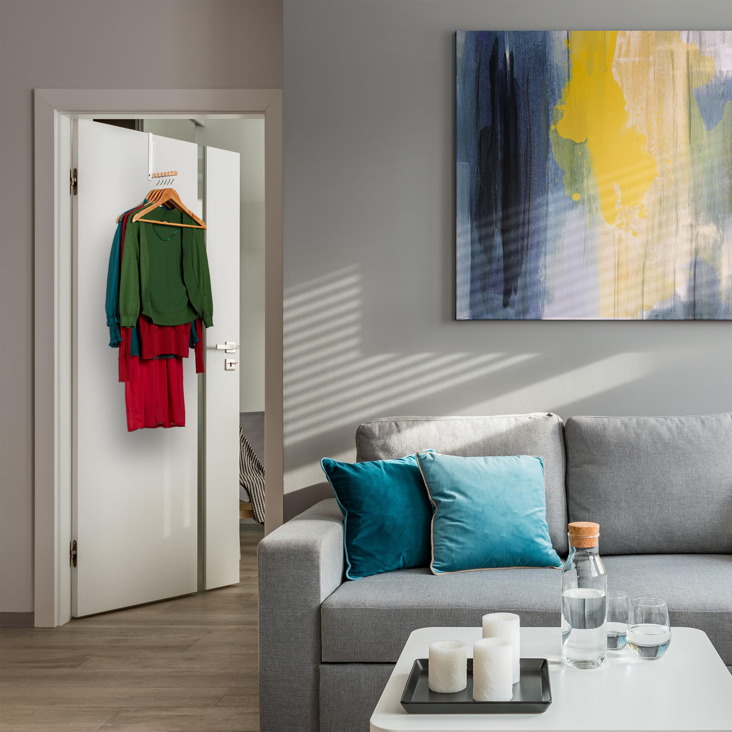 Relaxdays 2 Ganchos Plegables Puerta, Colgantes, Colgadores 6 Perchas, Metal y Madera, para Renvalso de 2 cm, Blanco