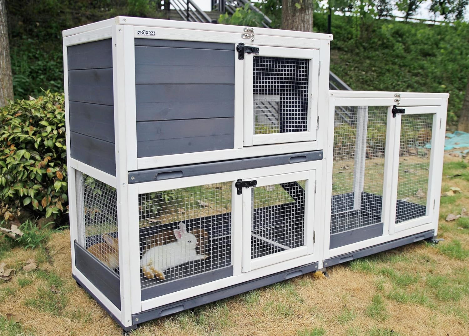 Indoor and Outdoor Wooden Rabbit Cage, 2-Story, with Wheels, Ramp, 2 Pull-Out Trays, Open Sun Panel Roof, for Rabbits, Guinea Pigs