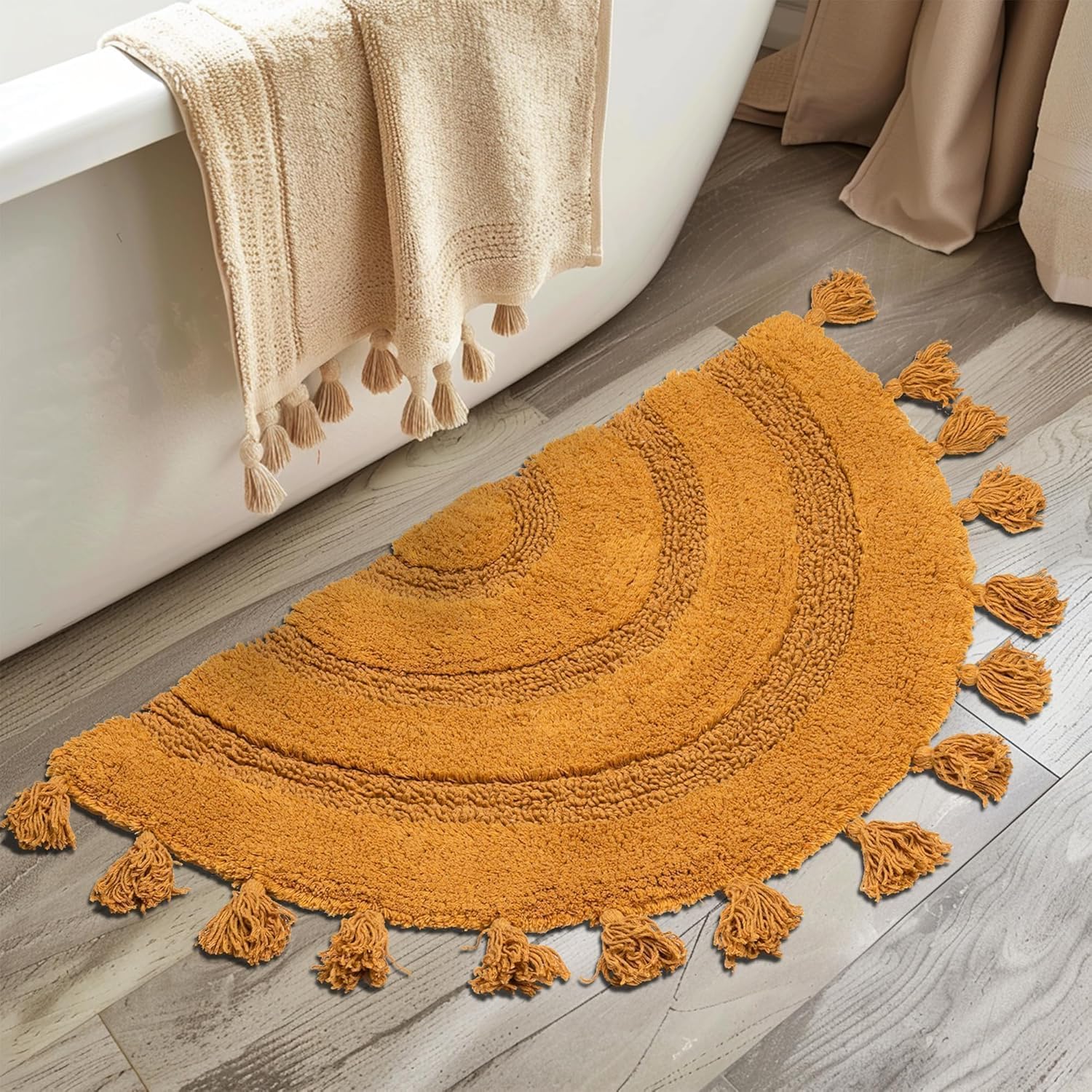 Half Circle Boho Bathroom Rugs with Tassels 100% Cotton Hand-Woven Bath Rugs Non Slip Absorbent Crochet Rugs Machine Washable Boho Bath Mats for Bathroom Floor Tub Half Circle Boho Bathroom Rugs with Tassels 100% Cotton Hand-Woven Bath Rugs Non Slip Absorbent Crochet Rugs Machine Washable Boho Bath Mats for Bathroom Floor Tub