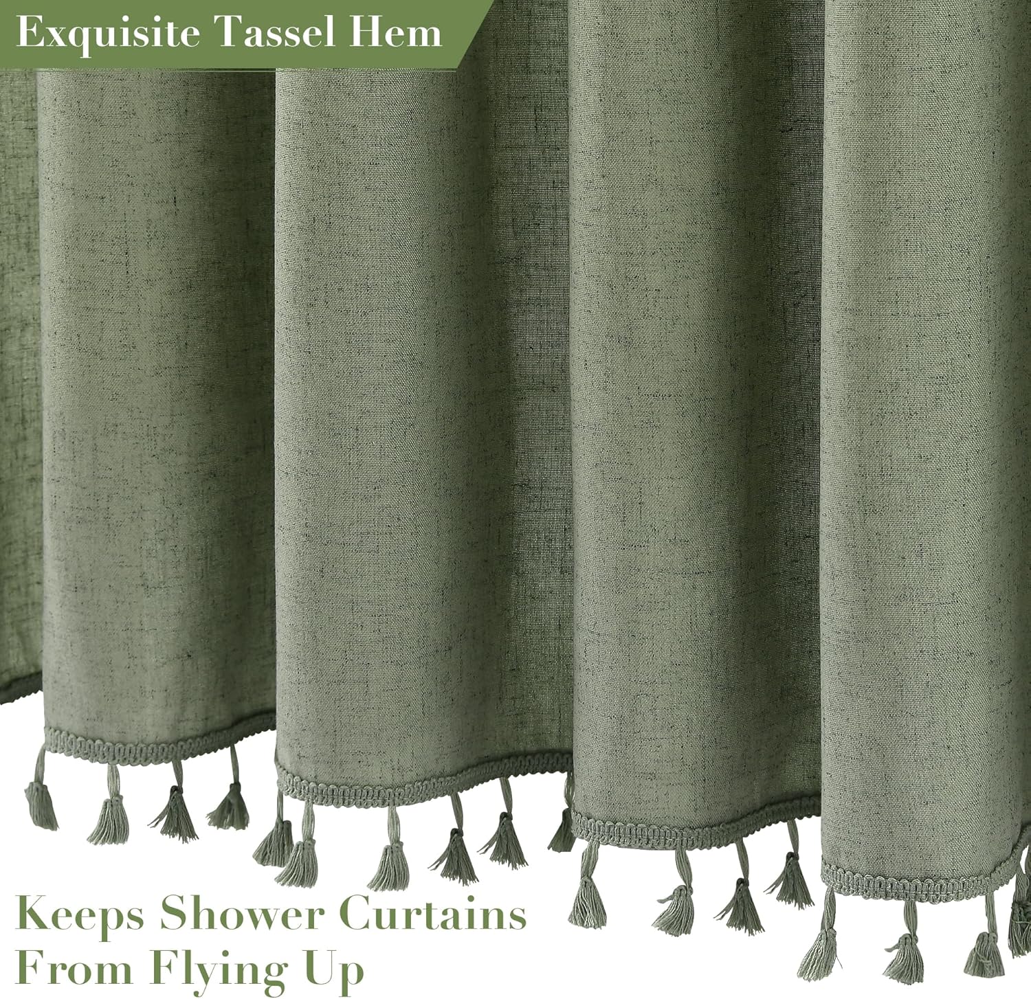 Nanspring Sage Green Boho Linen Shower Curtain 72 Inch Length Vintage Farmhouse Weighted Tassel Design Green Shower Curtain for Bathroom with Hooks Bohemian Modern Neutral Cottage Style Decor 72x72