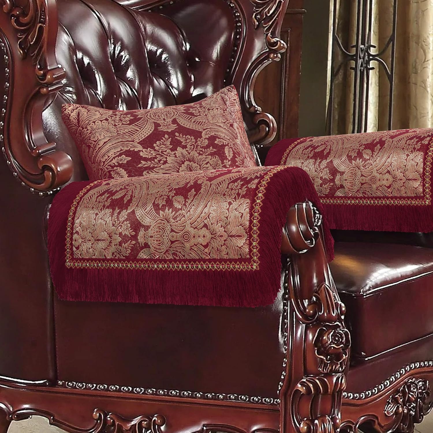 Loom and Mill Luxury Sofa Armrest Covers Set of 2, Classic Damask Thick Chenille Nonslip Couch Arm Cover Furniture Protector with Lace Edge and Tassels for Chair Couch Sofa (Wine Red, 20x24 inch)