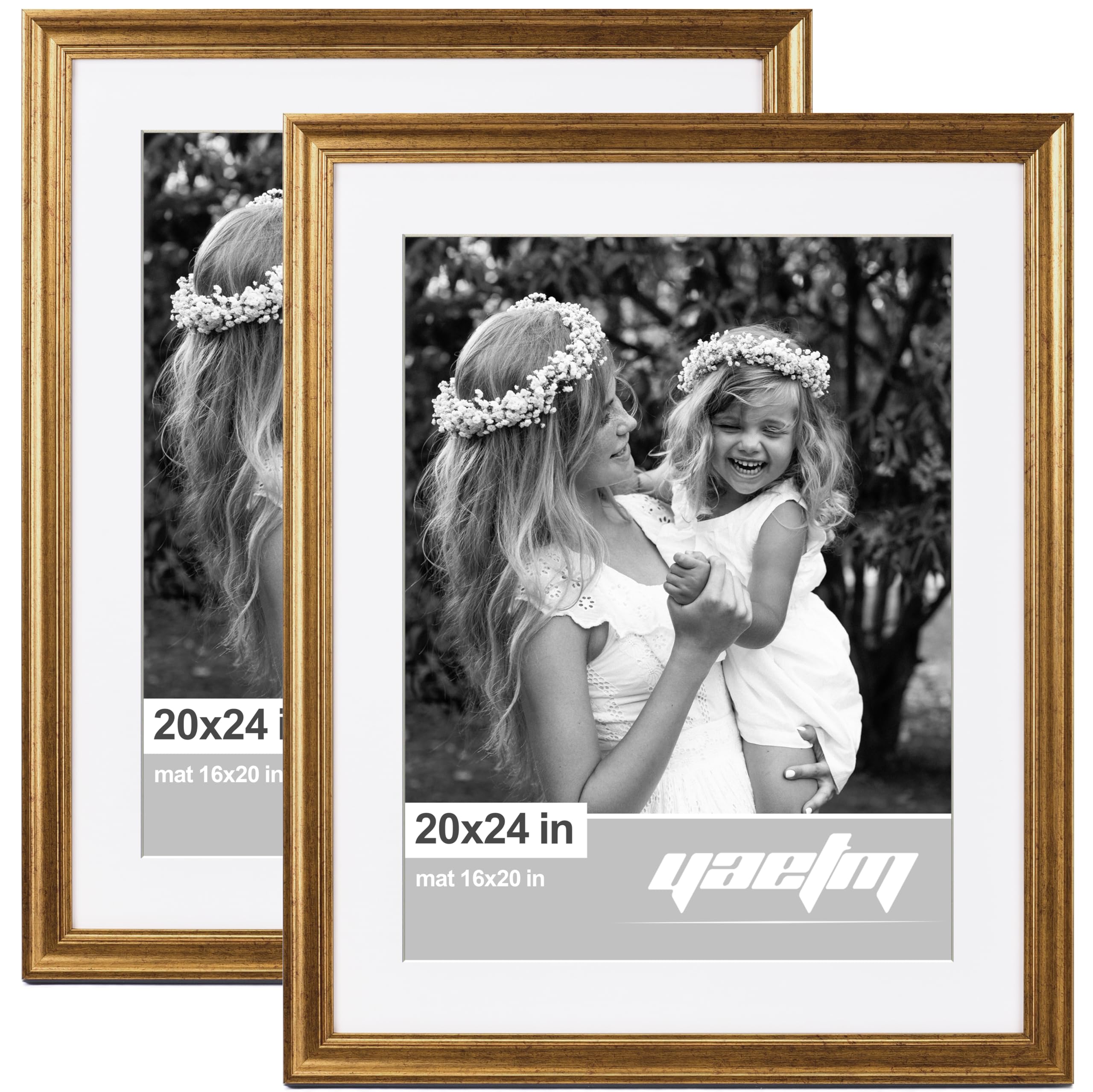 Yaetm 20x24 Gold Picture Frame Matted to 16x20 Set of 2, 1.4'' Wide Molding & Rustic Gold Frames for Wall Gallery, Home and Office, Wall Mounting, 2 Pack