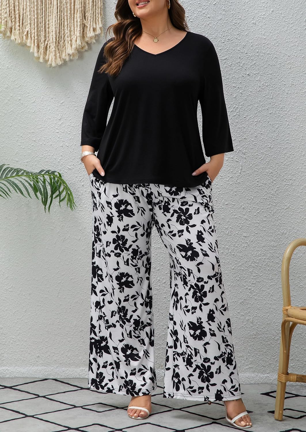 Womens Plus Size Lounge Sets 2 Piece Outfits 3/4 Sleeve Pullover Tops Wide Leg Pants Travel Loungewear - Image 6