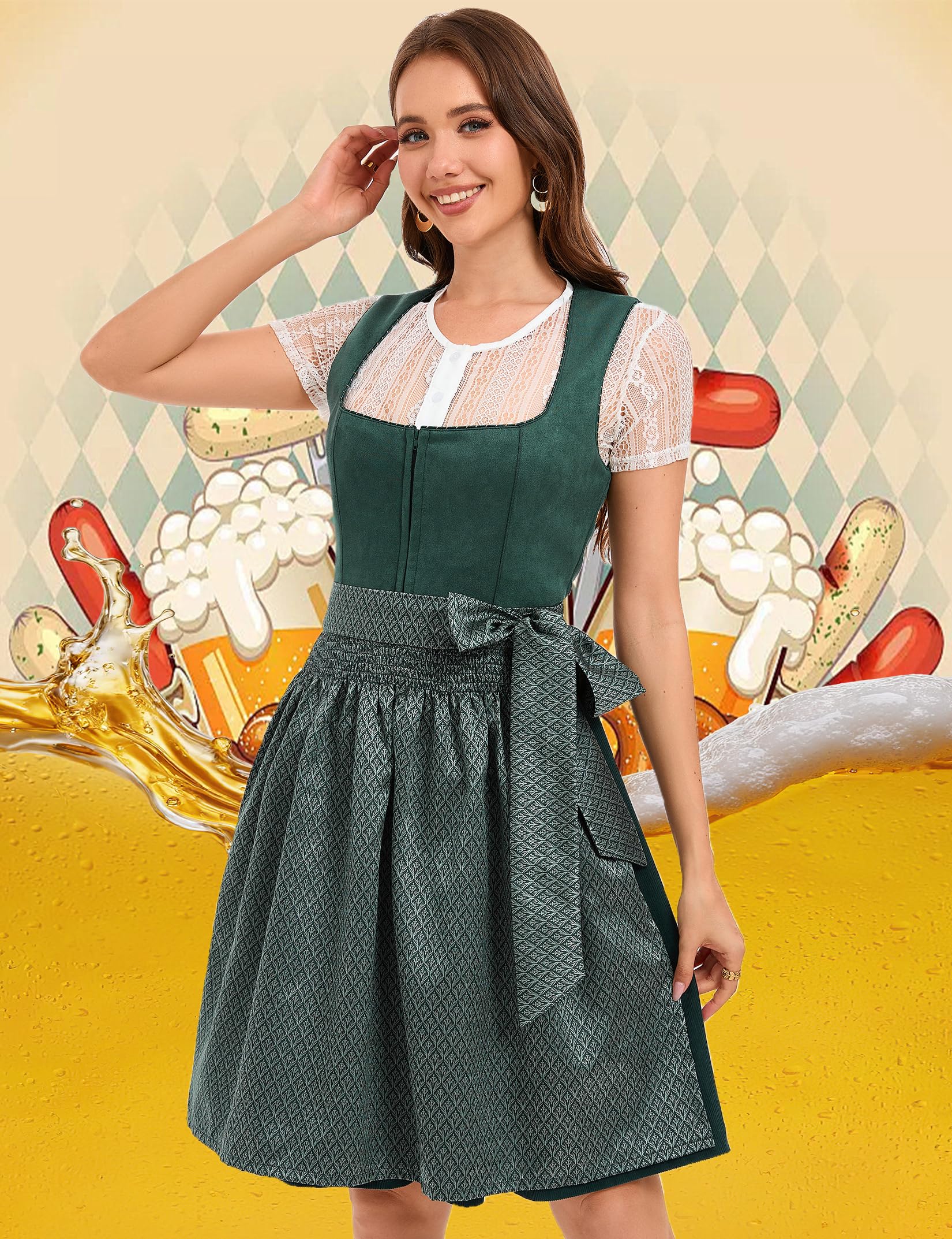 YesFashion Dirndl Damen Oktoberfest Damen Outfit Dirndl 3 Teilig Inkl. Trachtenrock Dirndlbluse Dirndlschürze Trachtenkleid Grün