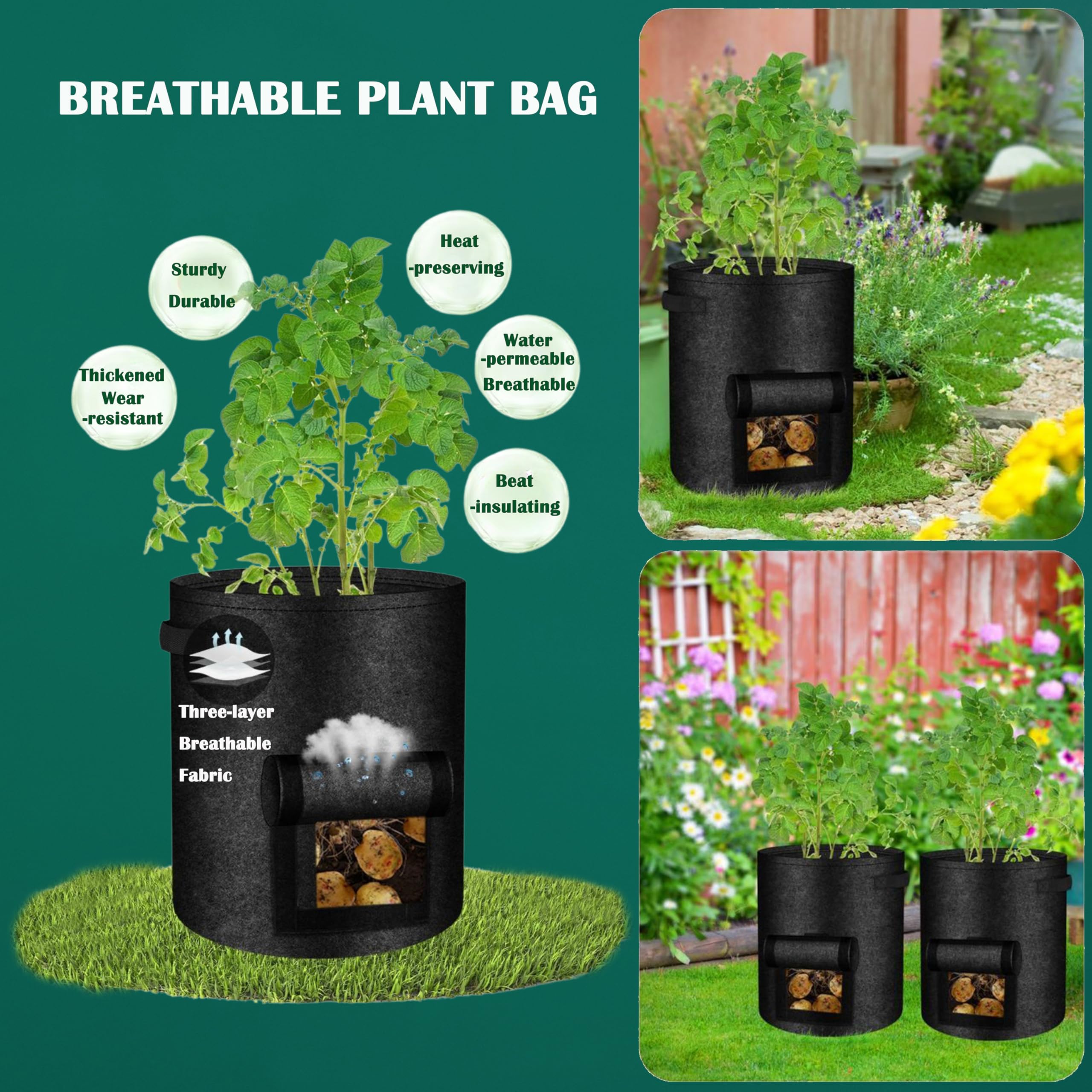 Lot de 5 sacs de culture pour pommes de terre de 38 litres - Sacs de culture avec poignées et rabat transparent pour pommes de terre, carottes, tomates et autres légumes