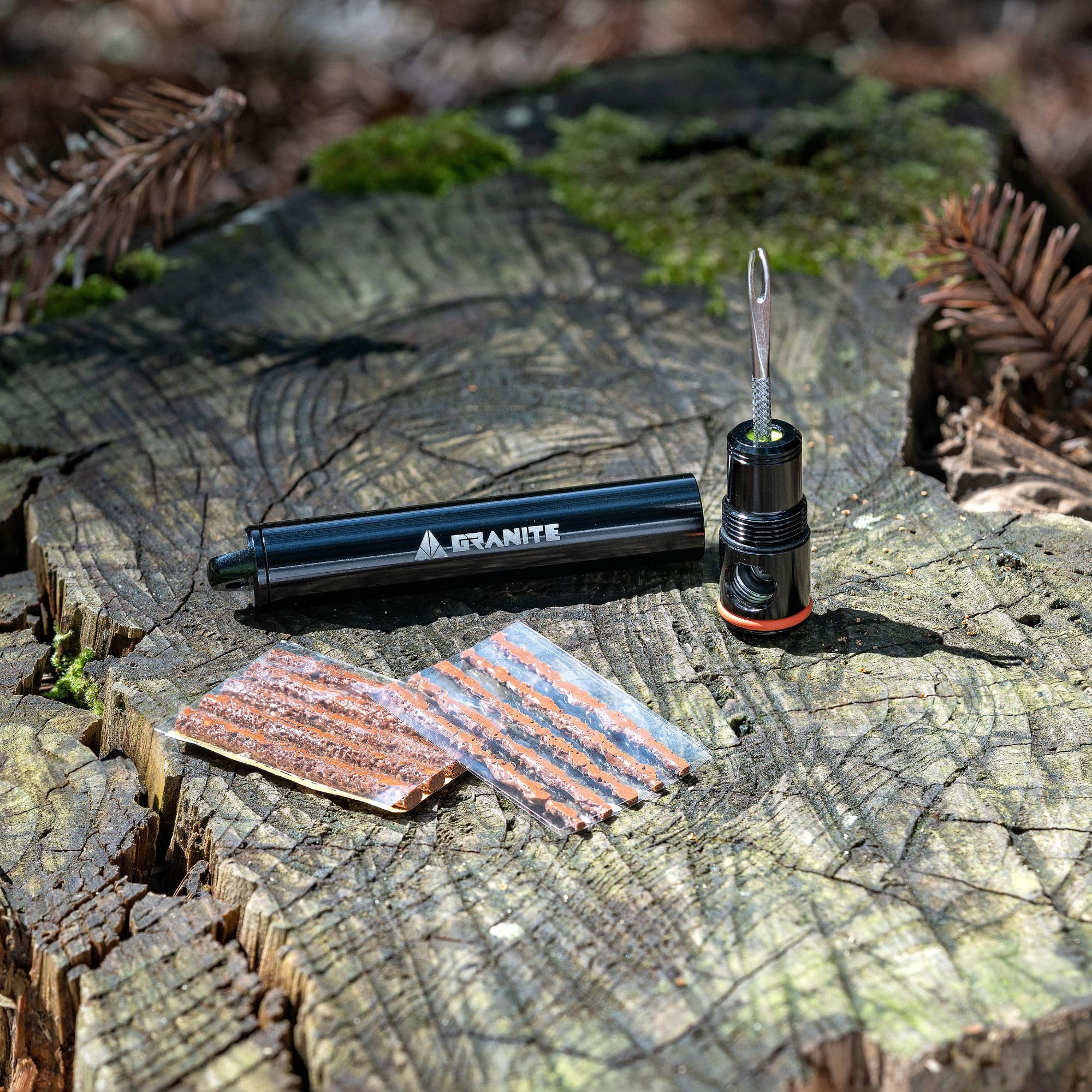 Granite Suture Aero Tire Plug Kit with Integrated CO2 Inflator, Tubeless Tire Repair Kit with 2 Size Plugs, CO2 Tire Inflator Works with Presta Valve (Black)